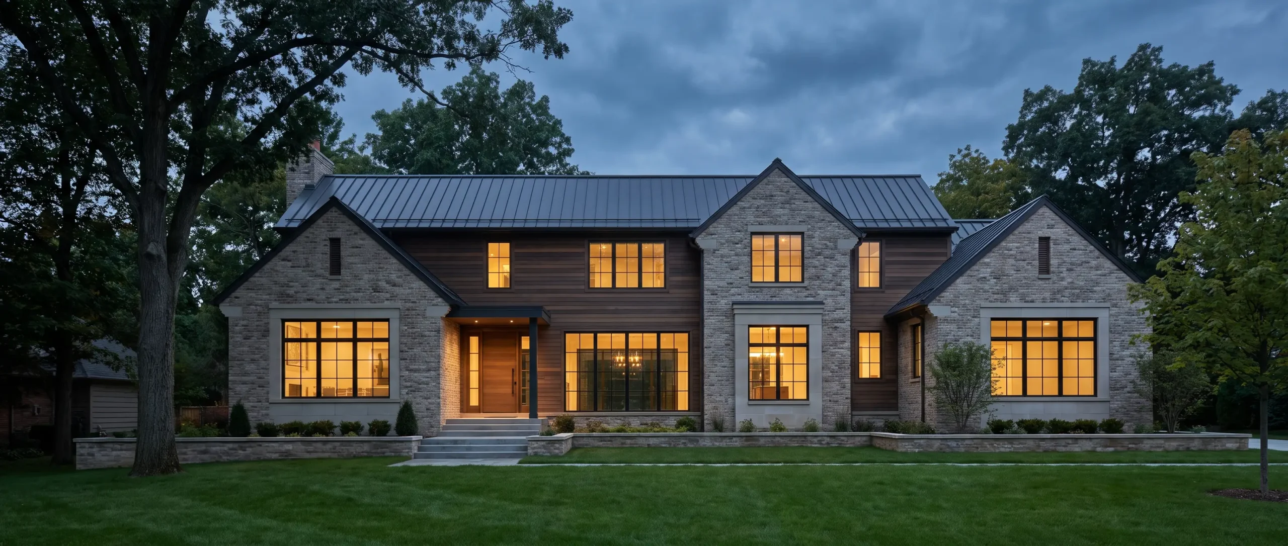 Custom home exterior at dusk