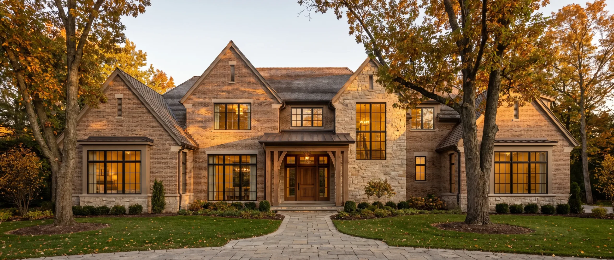 Completed custom home exterior at golden hour