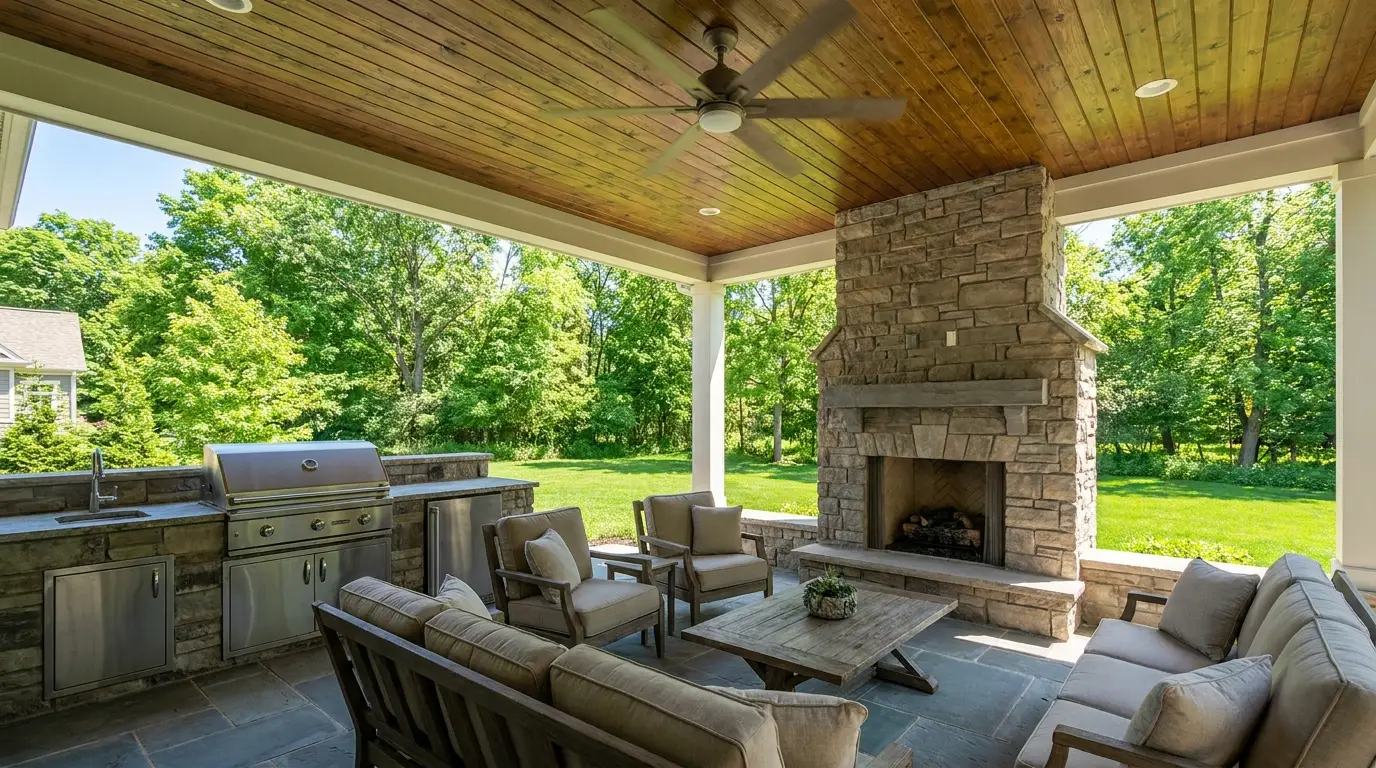 Covered rear porch with stone fireplace