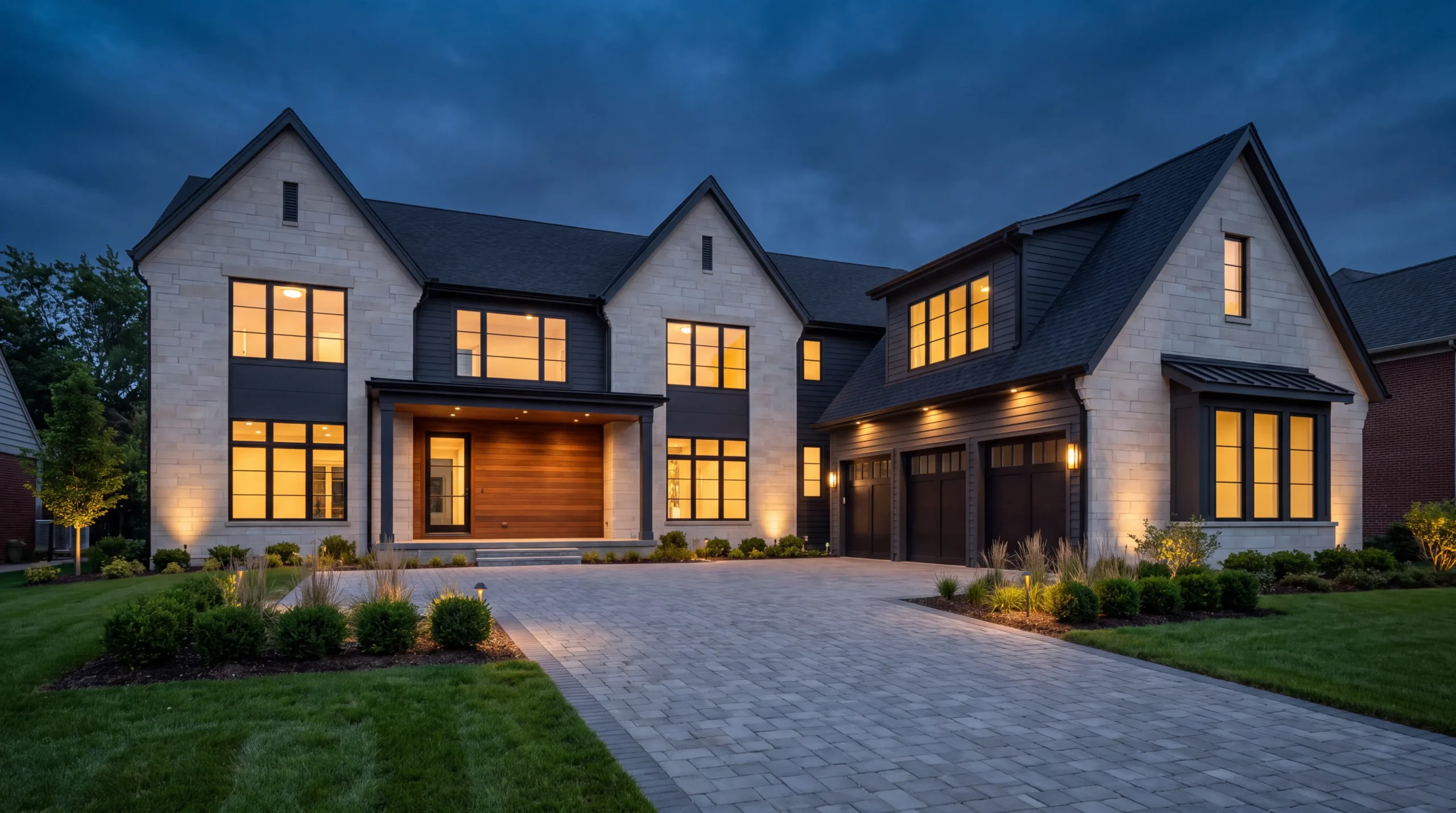 Front elevation of a newly built custom home at dusk in Birmingham, Michigan