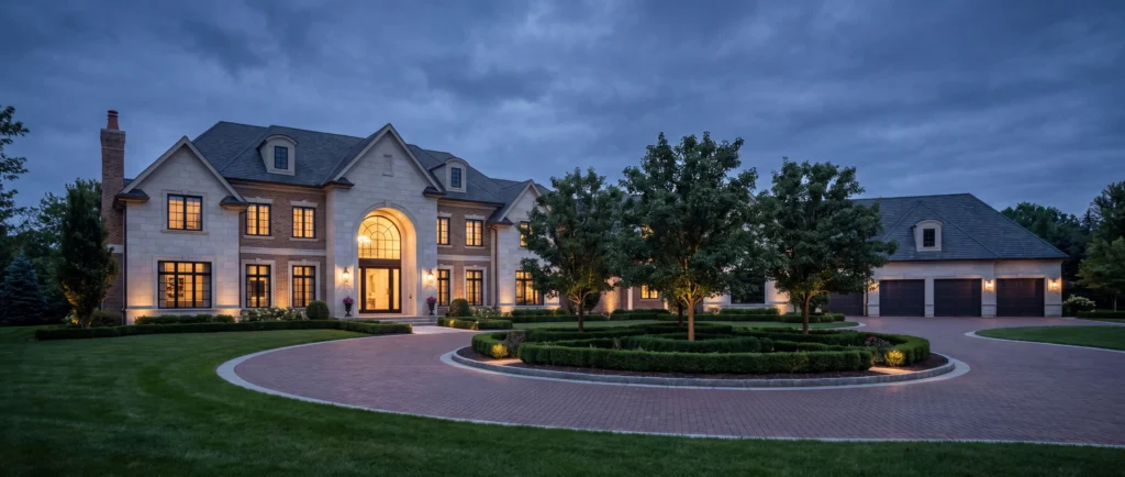 Newly built custom home at twilight in Bloomfield Hills, Michigan