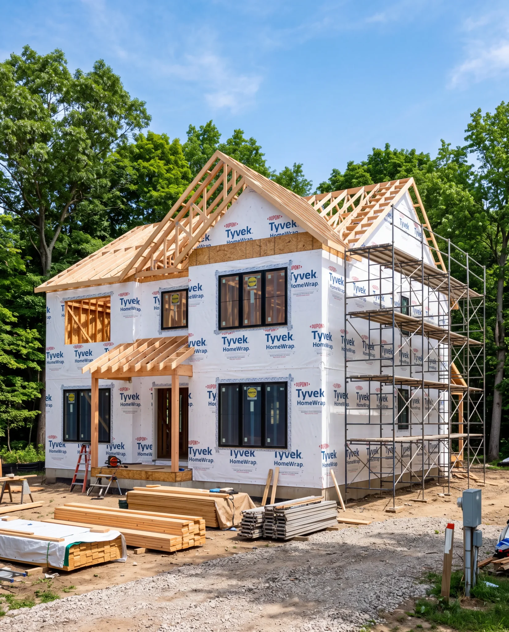 New custom home mid-construction with Tyvek HomeWrap weather barrier, framing and scaffolding