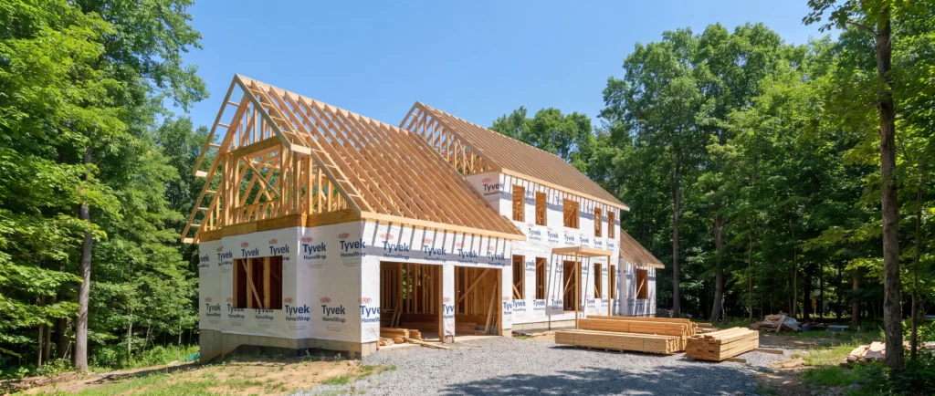 New custom home at the framing stage on a wooded Oakland County lot