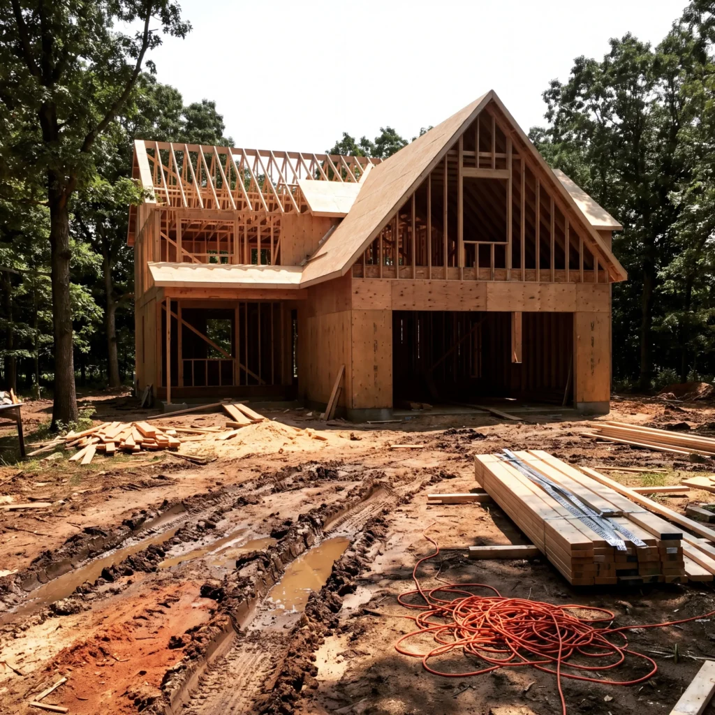 New custom home at the framing stage on a Michigan lot