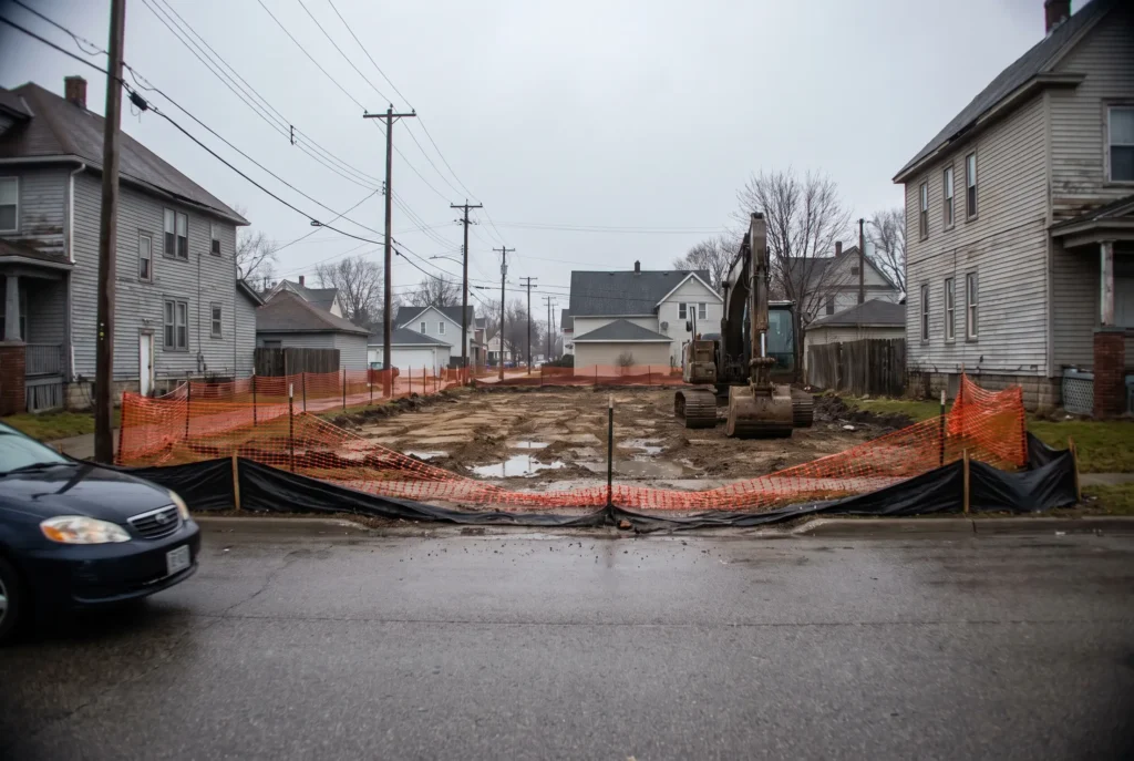 Residential lot cleared for rebuild on an established Michigan street, enclosed by construction fencing