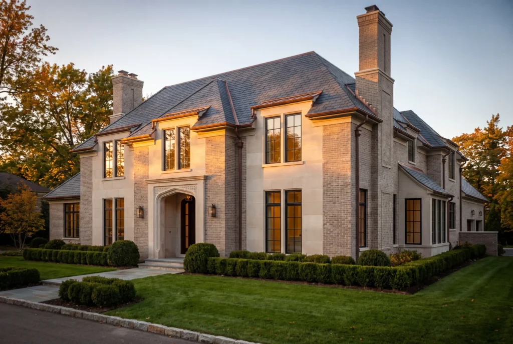 Newly completed limestone and brick custom estate home with a slate roof in Bloomfield Hills, Michigan