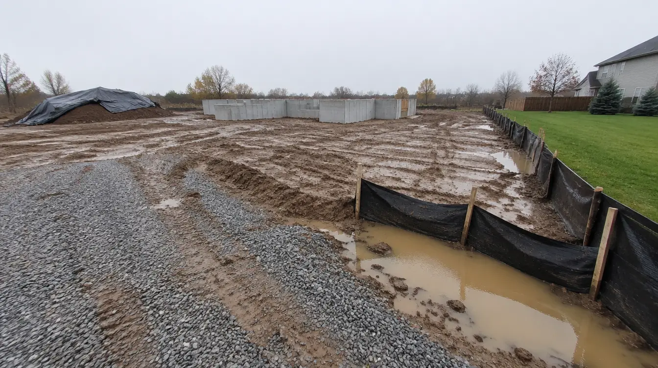 Silt fence holding back muddy water at the edge of a graded building lot, with a foundation behind