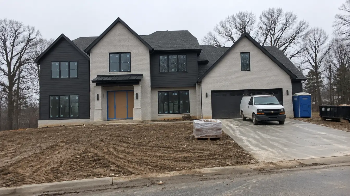 New custom home near the end of construction, with a dirt yard, a work van and a portable toilet