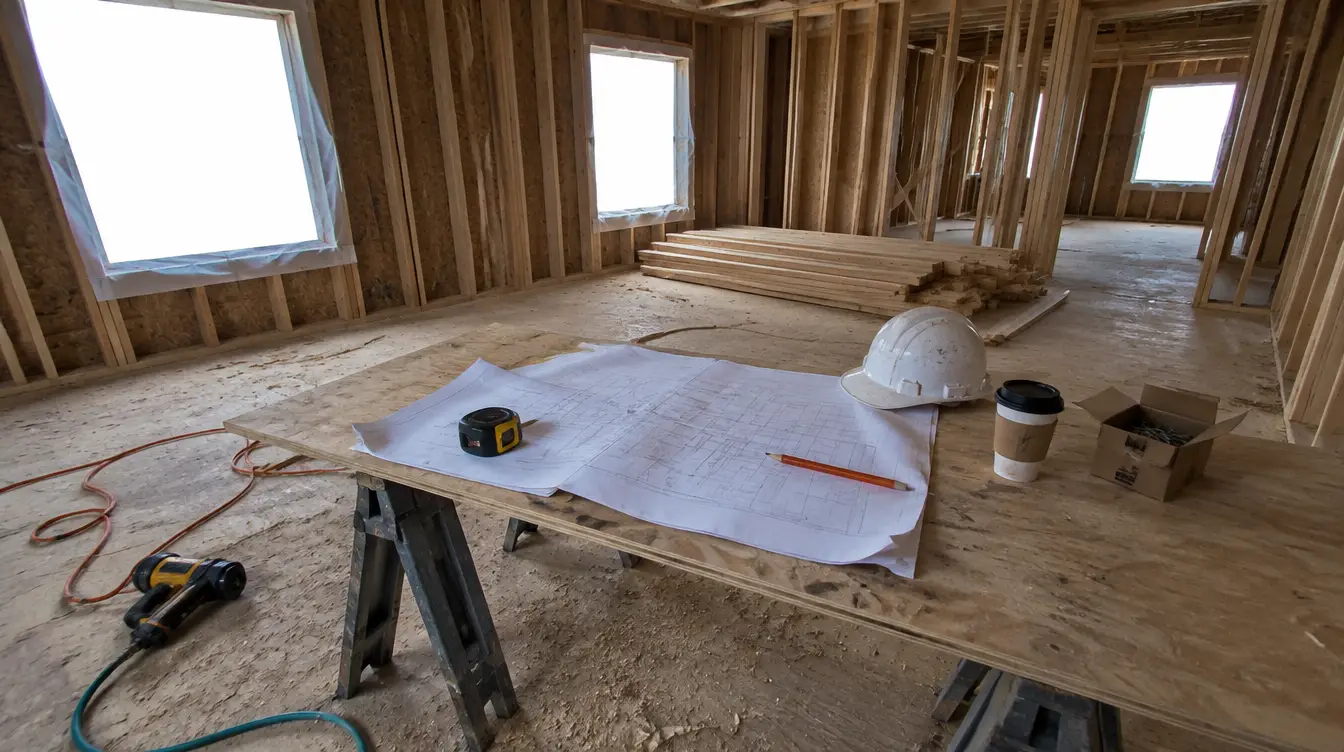 Drawings, a hard hat and a tape measure on a plywood table inside a framed house
