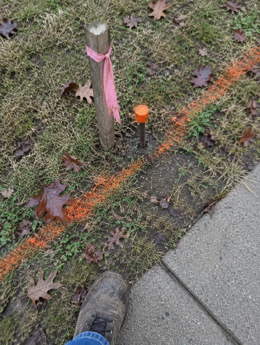 Survey stake with pink ribbon beside a capped survey pin and a line of marking paint