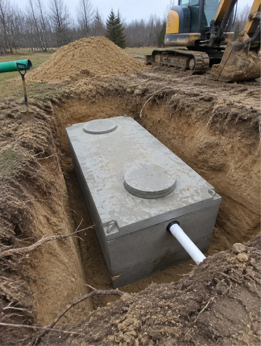 Concrete septic tank set in an excavation, with an excavator at the edge