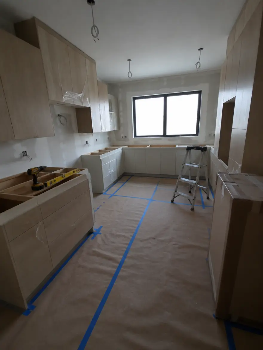 Kitchen in a new home with cabinets set, floor covered in builder's paper and a ladder by the window
