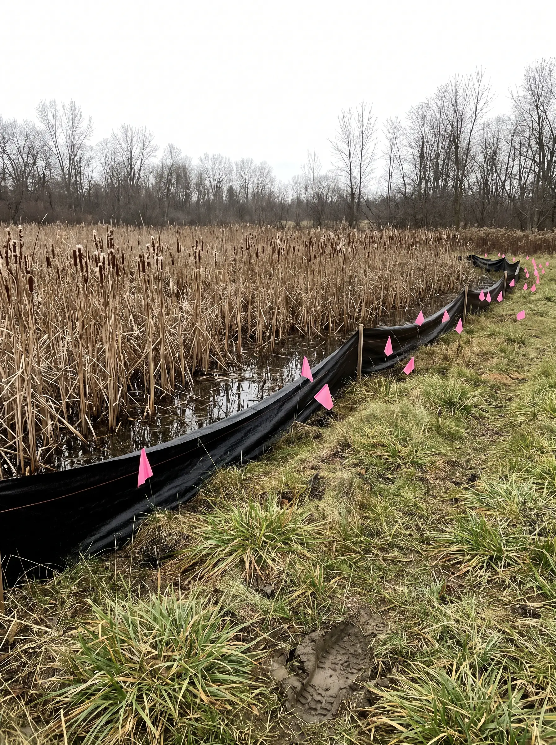Cattail wetland at the back of a lot, its edge marked with pink flags and a silt fence