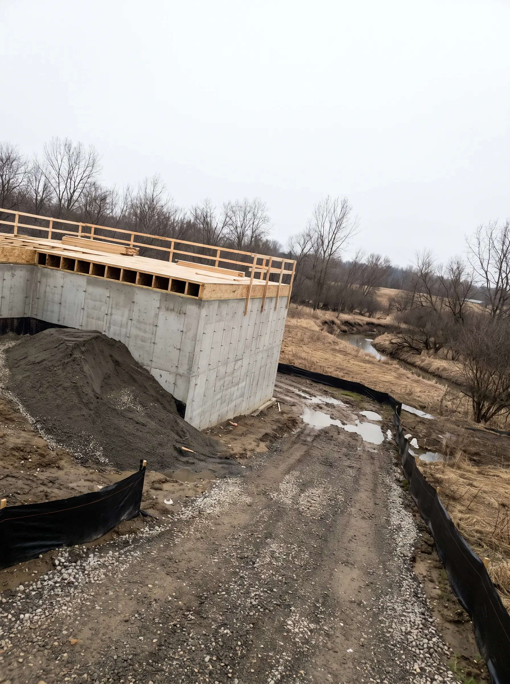 Tall foundation for a new house on a low lot, with fill piled beside it and a creek line behind