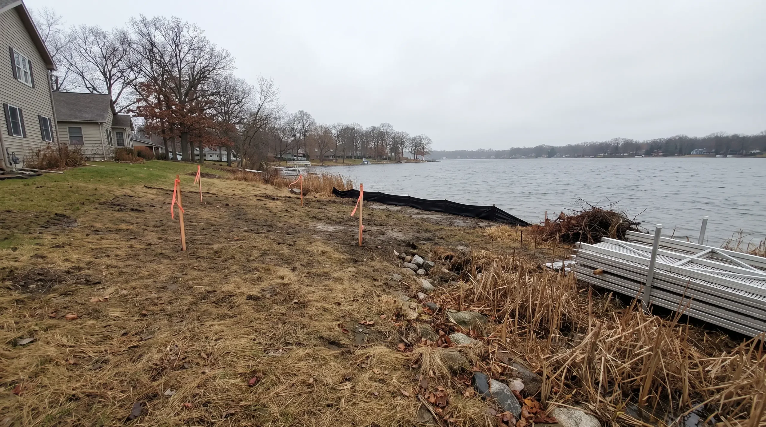Lakefront lot in late fall with stakes set back from the shore and dock sections stacked on the bank