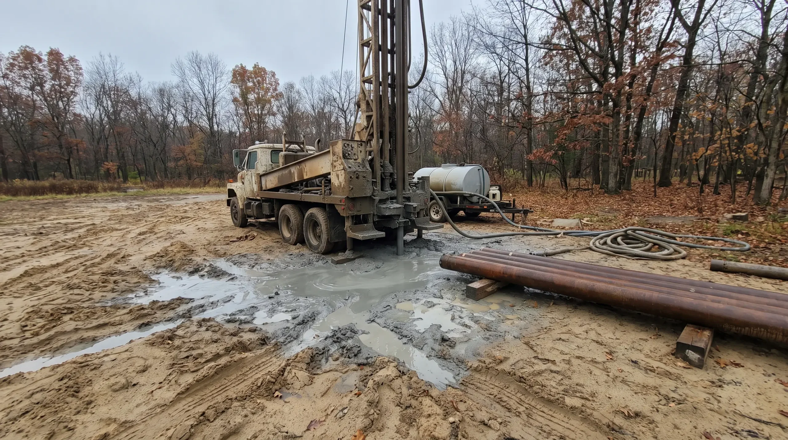Well drilling rig on a wooded lot, with drilling mud on the ground and steel casing laid out