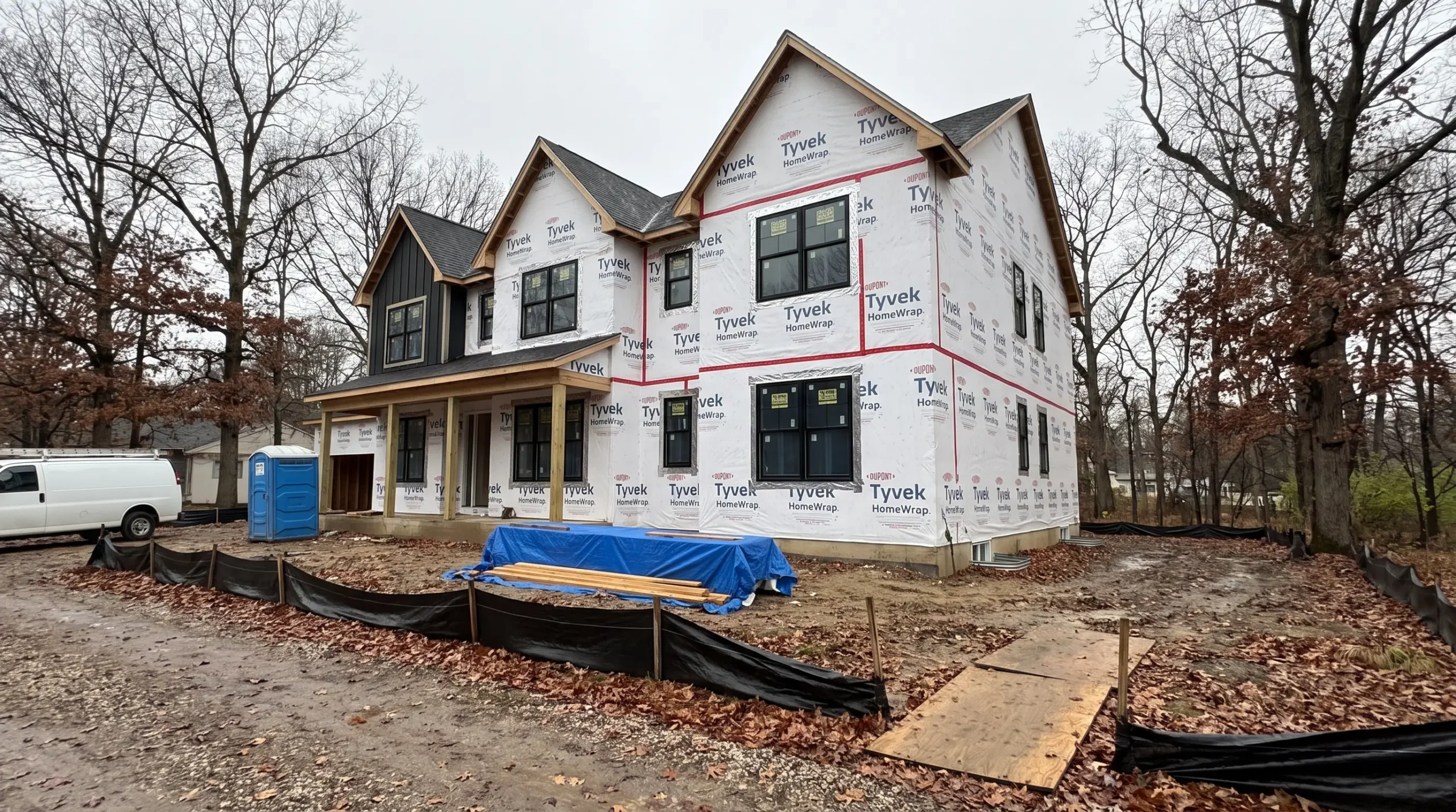 Large custom home under construction in white house wrap on a wooded lot covered in wet leaves