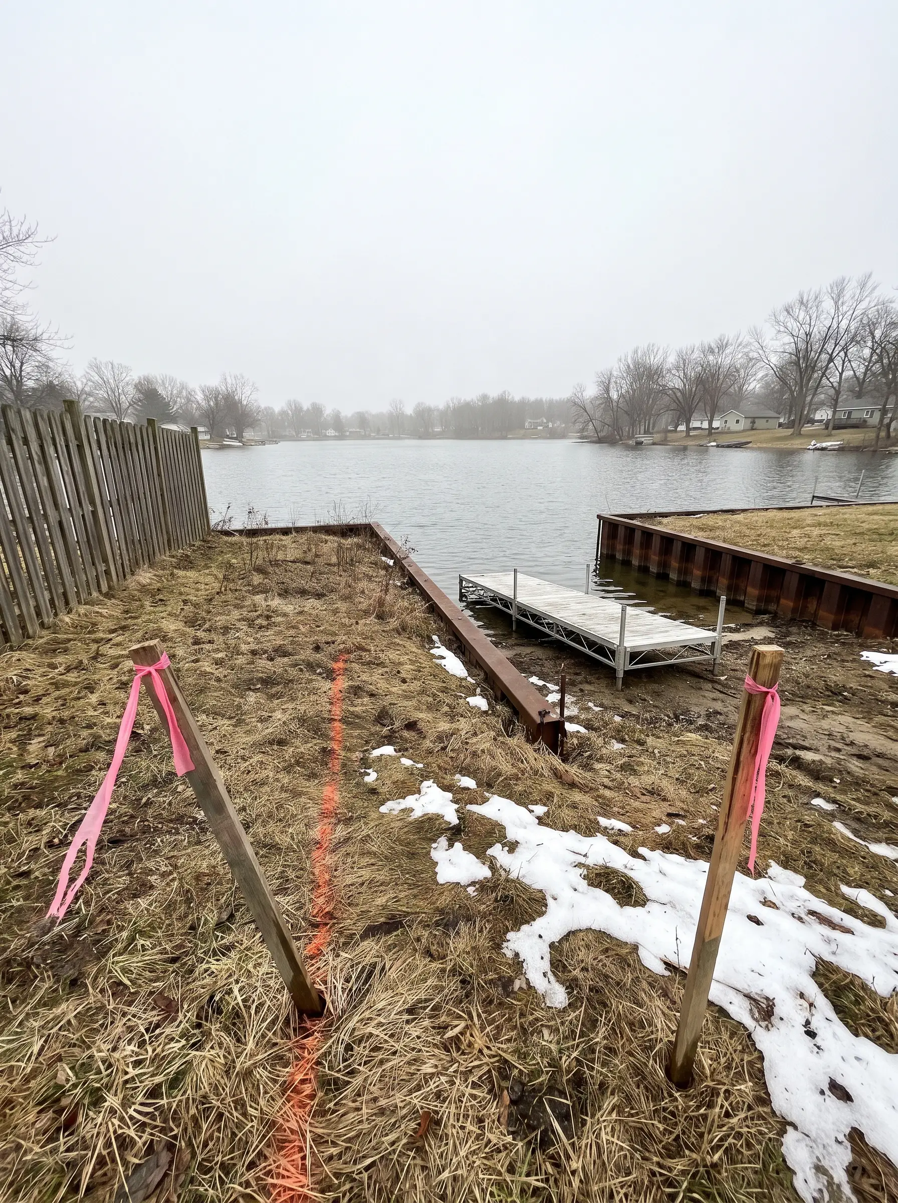 Survey stakes with pink flagging on a vacant lake lot with old snow and a steel seawall at the water