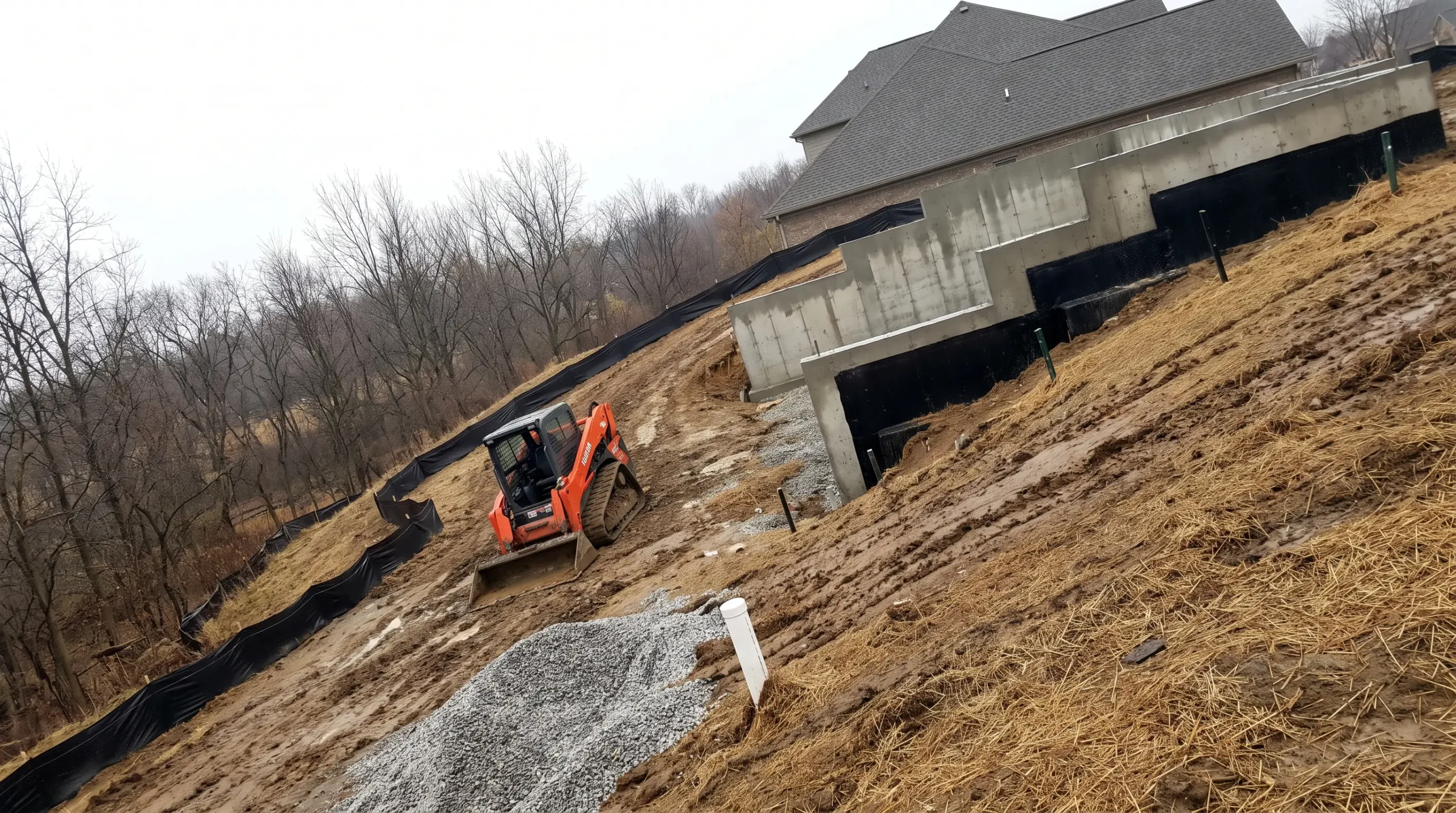A new concrete foundation set into a steep hillside covered in straw erosion blanket and silt fence