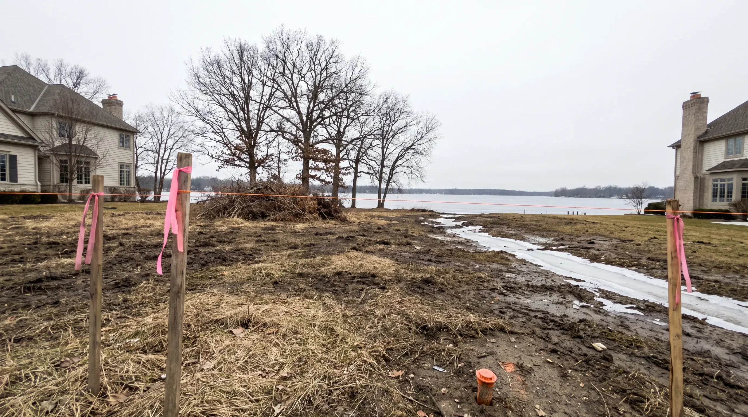 A cleared lakefront lot with ribboned survey stakes, neighboring homes on each side and the lake beyond