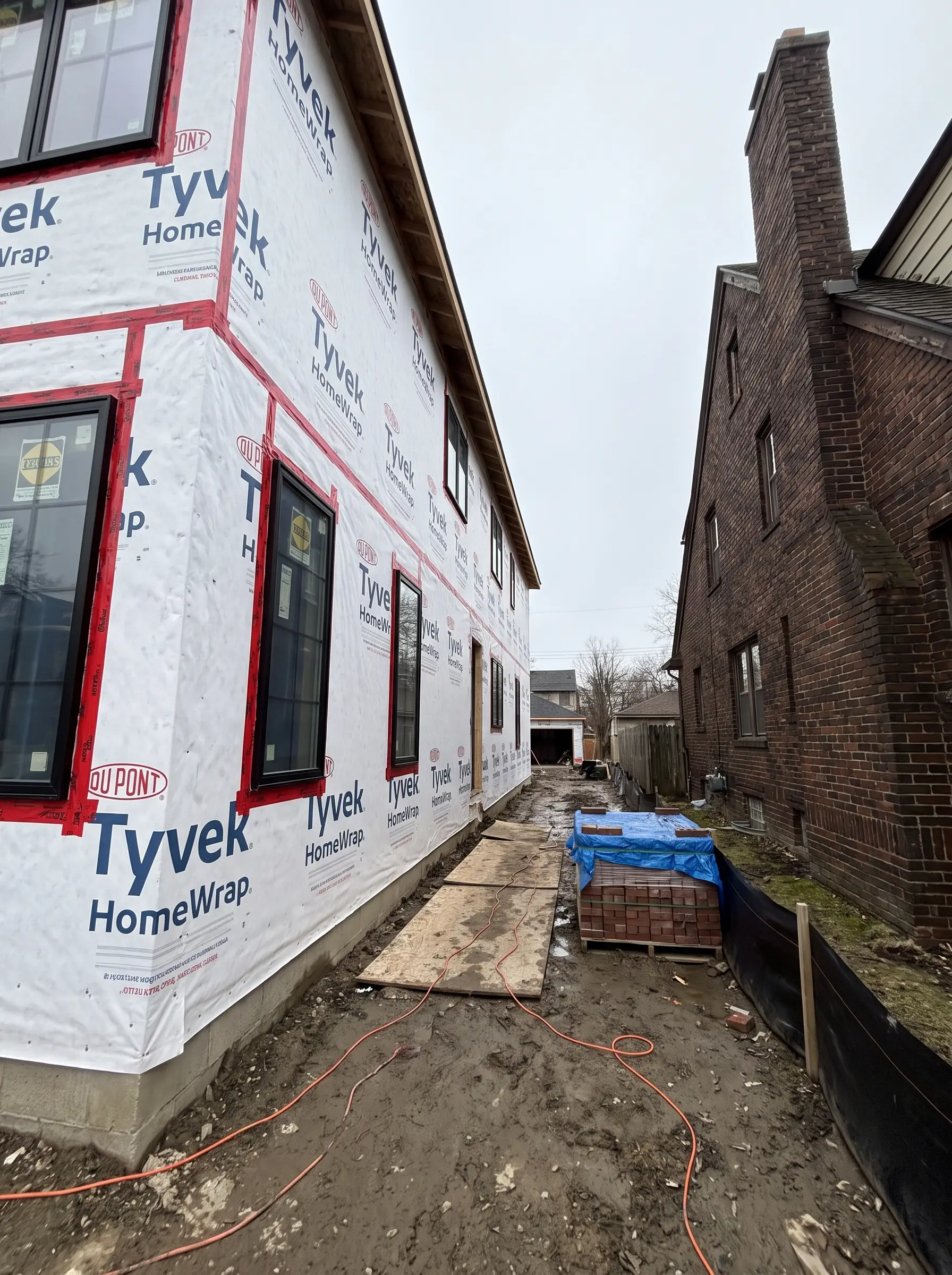 A narrow side yard between a new home in house wrap and the brick wall of an older neighboring house