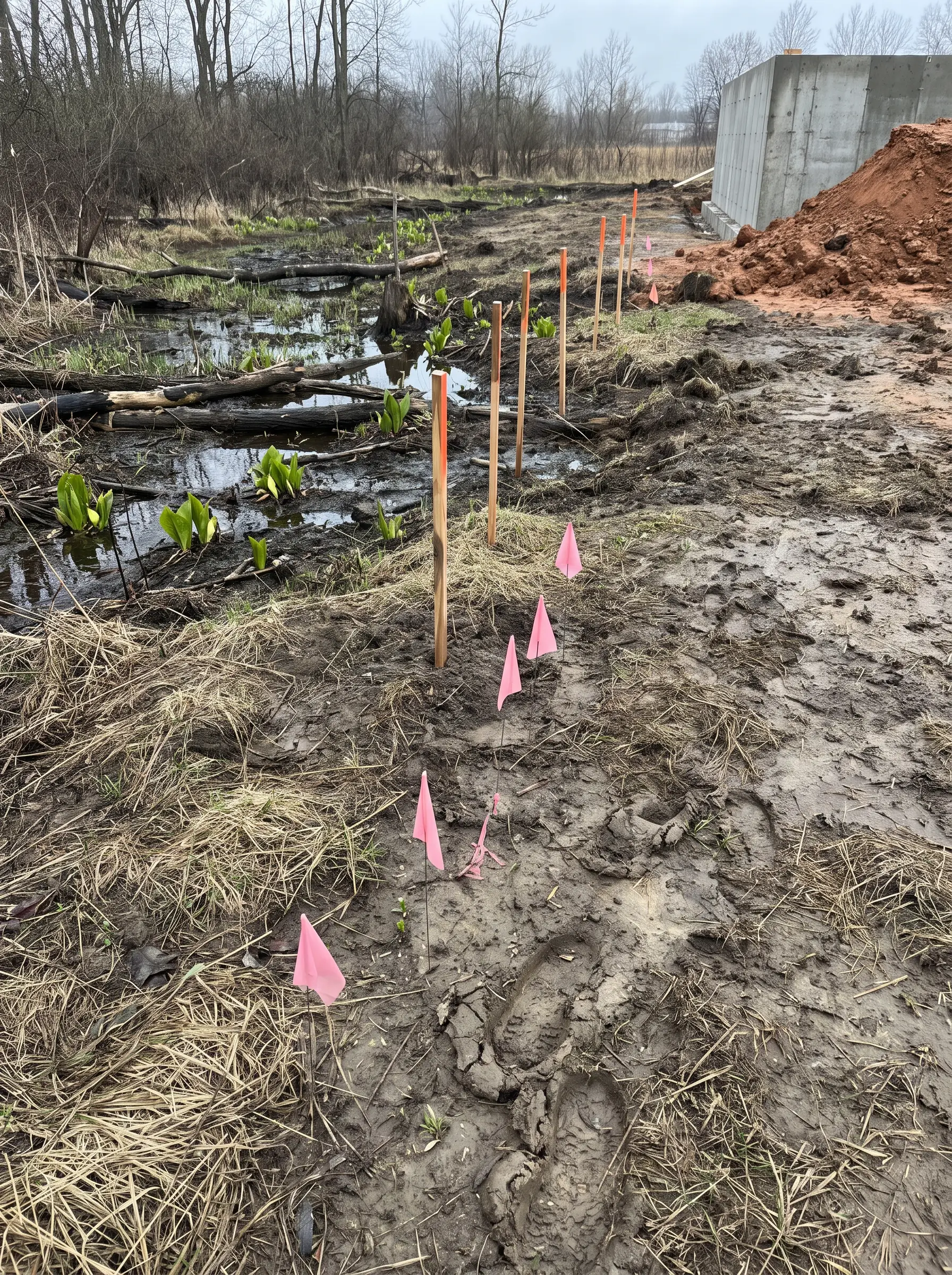 Pink flags and wooden stakes marking a wetland edge at the back of a building lot, with a new foundation wall beyond
