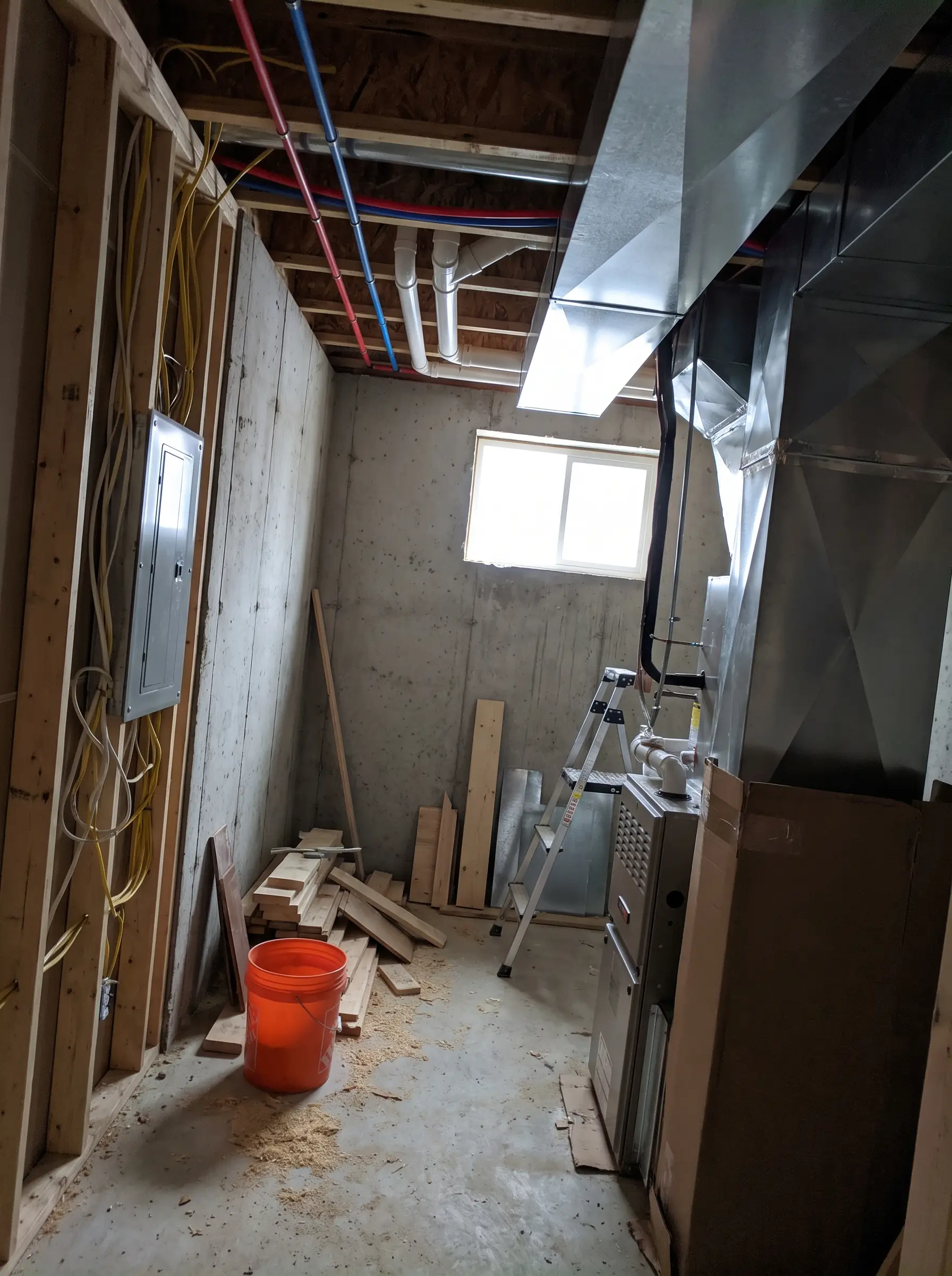 Unfinished basement corner with an open electrical panel, water lines, ductwork and a furnace being installed