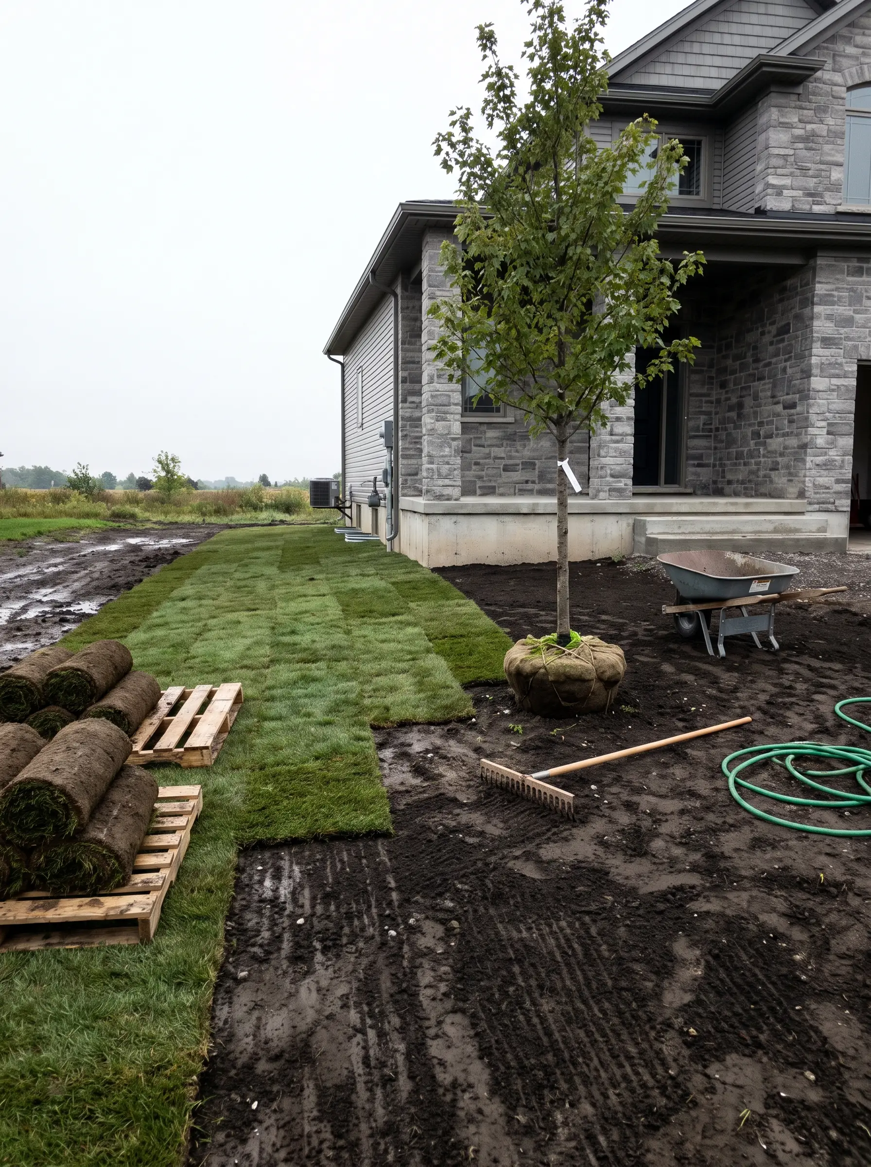 Pallets of rolled sod on raked topsoil with half the yard laid, beside a newly built stone home