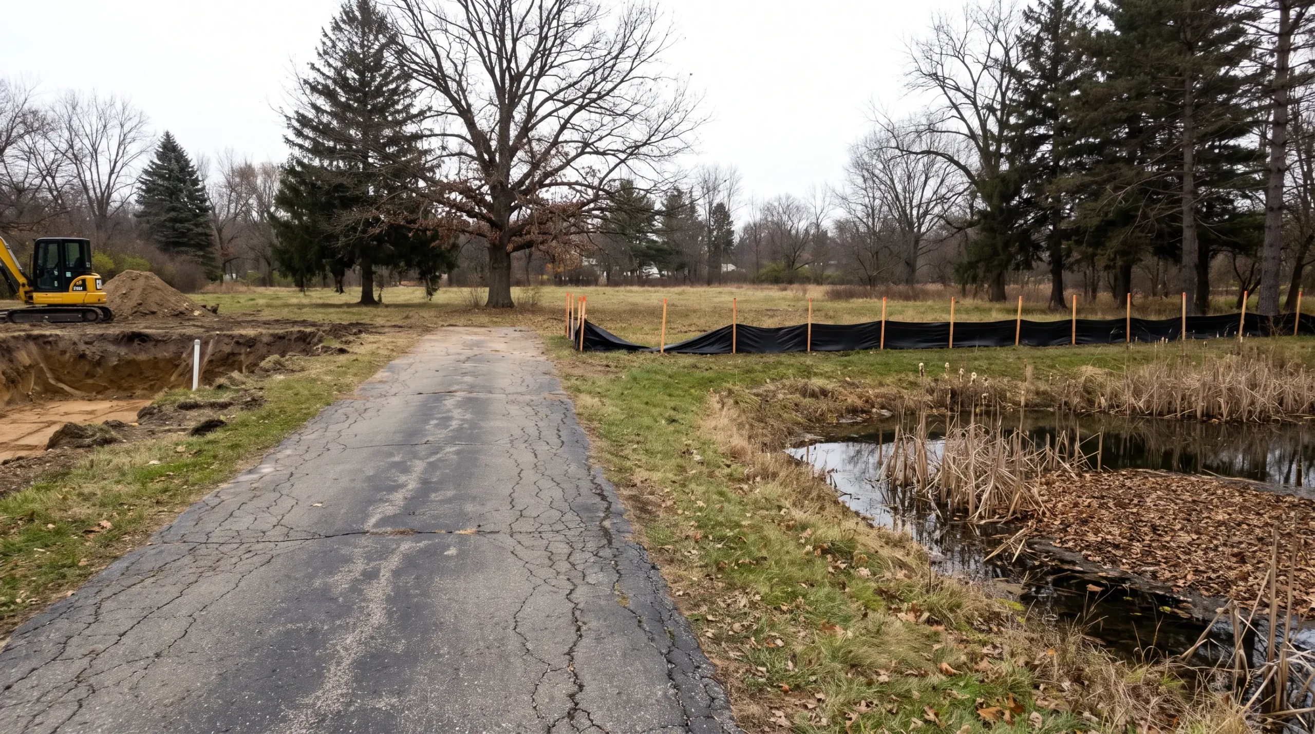 A small pond on a large lot with a silt fence set back from the water and an excavation starting beside an old driveway