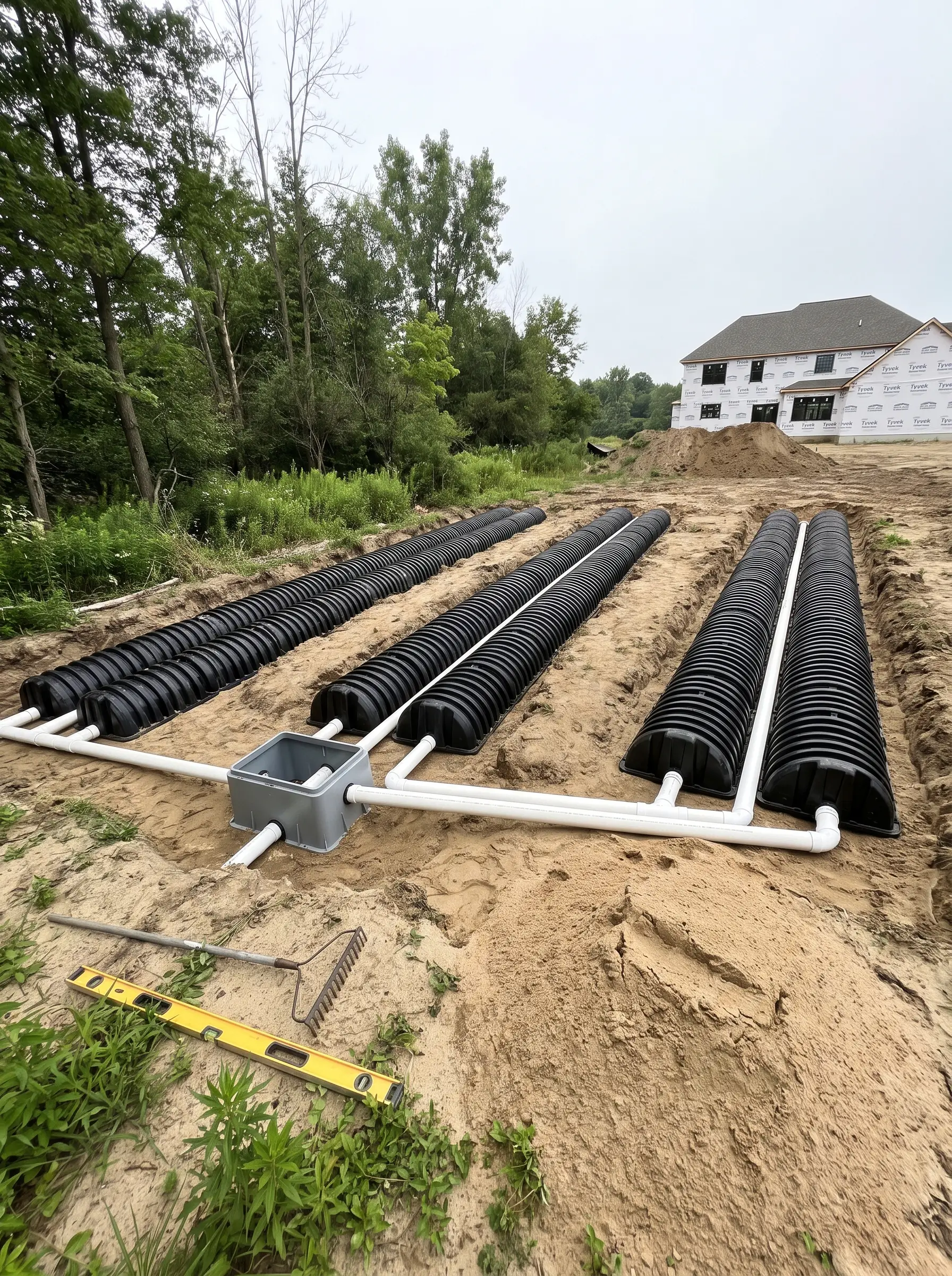 Rows of black septic chambers and white pipes laid in sand trenches behind a new home