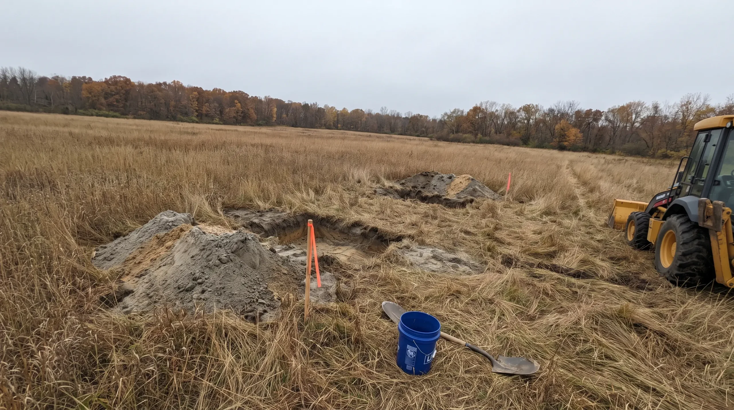 Two soil test pits with mounds of sandy soil in an open meadow beside a backhoe