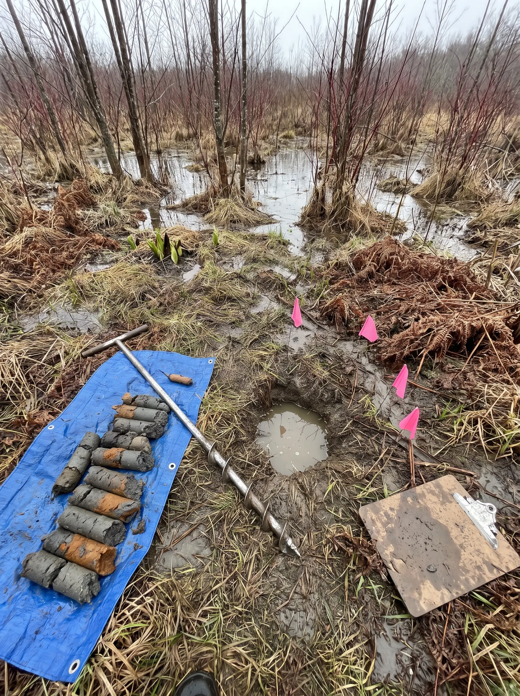 Hand auger and soil cores laid out on a tarp beside small flags at the wet edge of a wooded lot