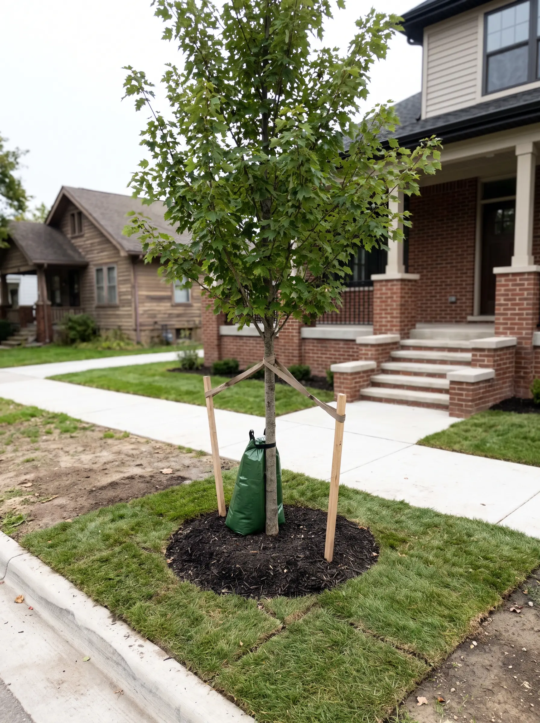 A newly planted young street tree with stakes and a watering bag in fresh sod beside a new sidewalk
