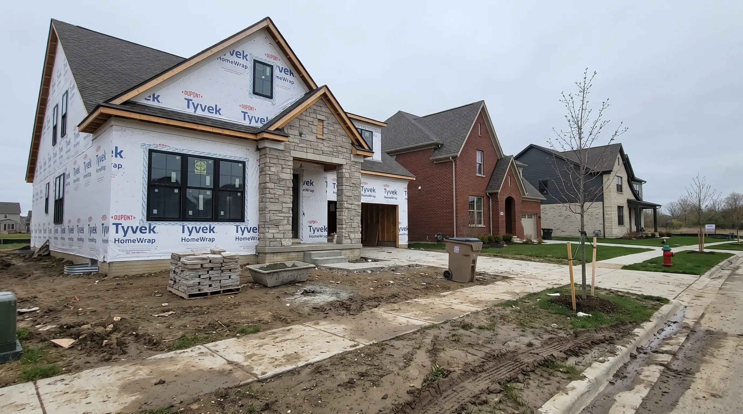 A new home in house wrap with stone started at the entry, beside two finished homes of different designs