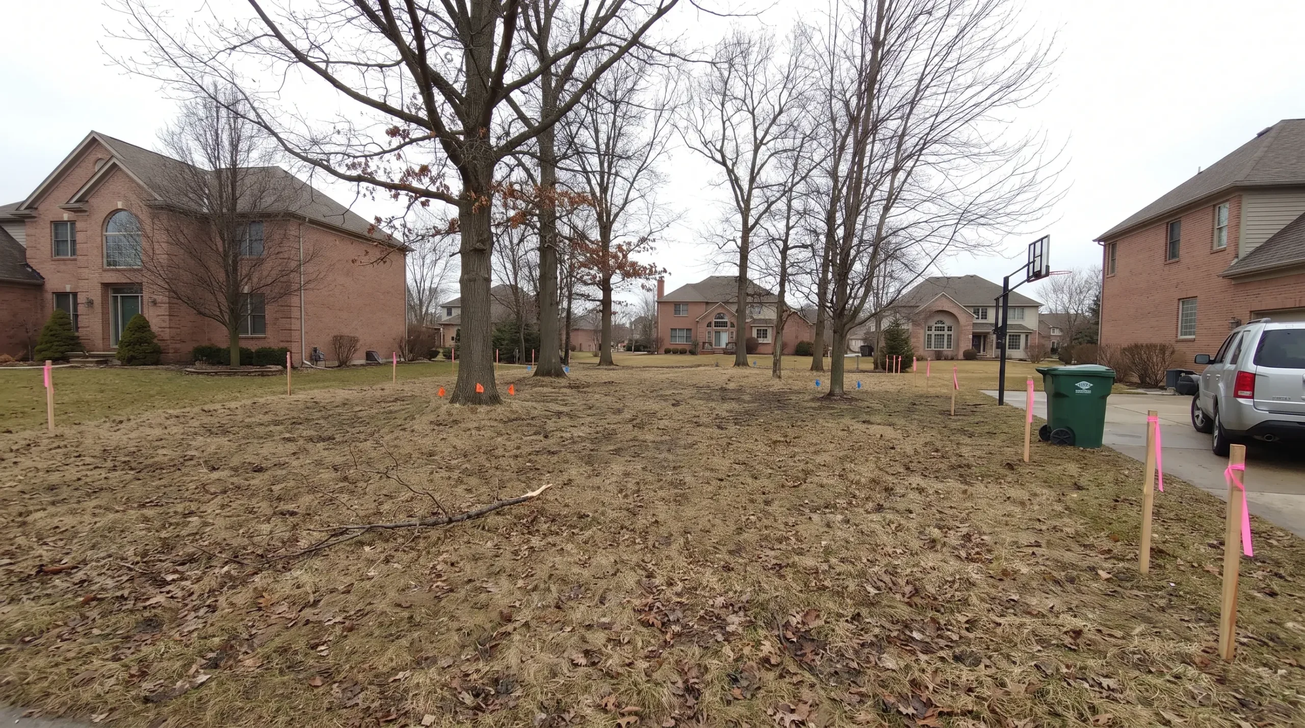 An empty subdivision lot with mature bare trees, survey flags and stakes between large brick homes
