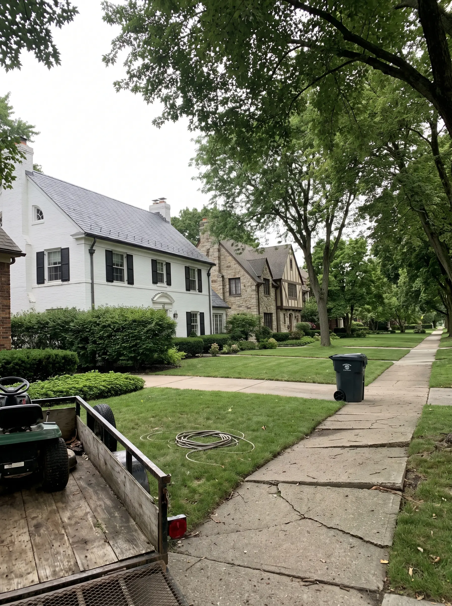 Large older homes behind hedges under tall leafy trees along an uneven sidewalk