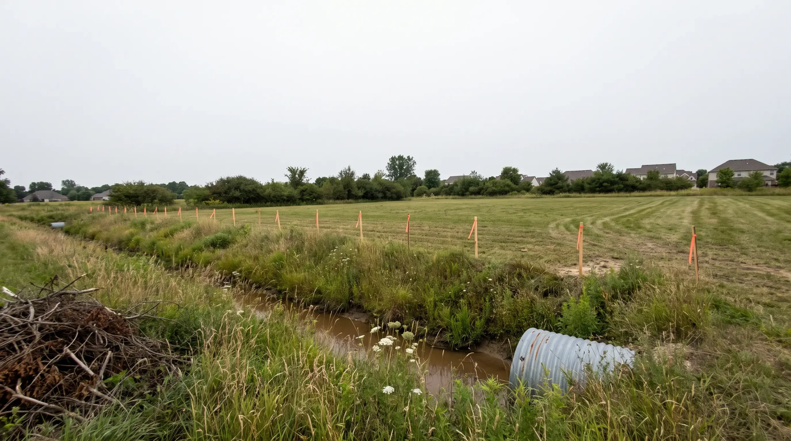 Open drainage ditch along a vacant lot with a row of stakes set back from it