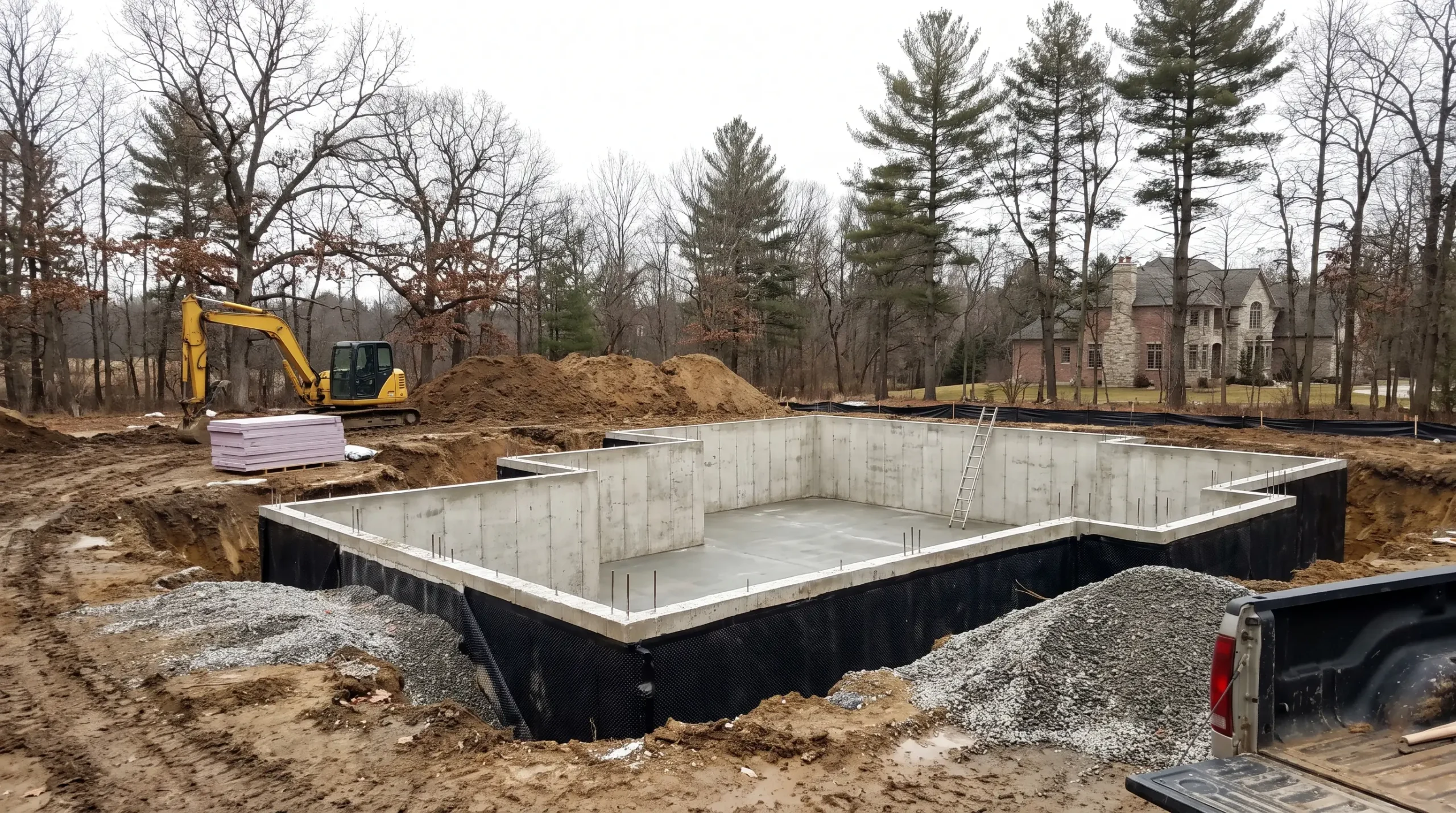 Wide poured concrete basement foundation for a large home on a wooded lot with an excavator