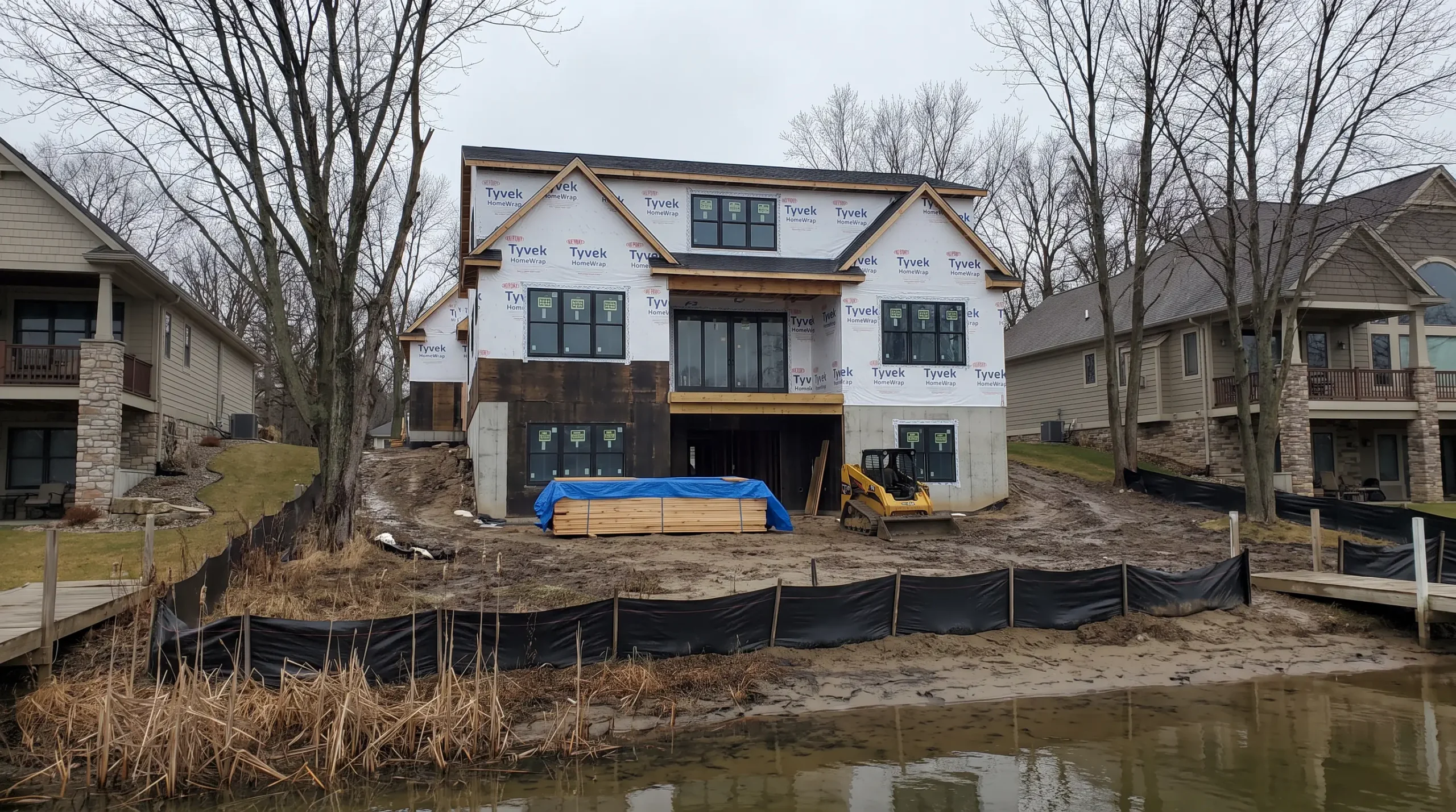 Large lakefront custom home under construction seen from the water's edge with a silt fence along the shore