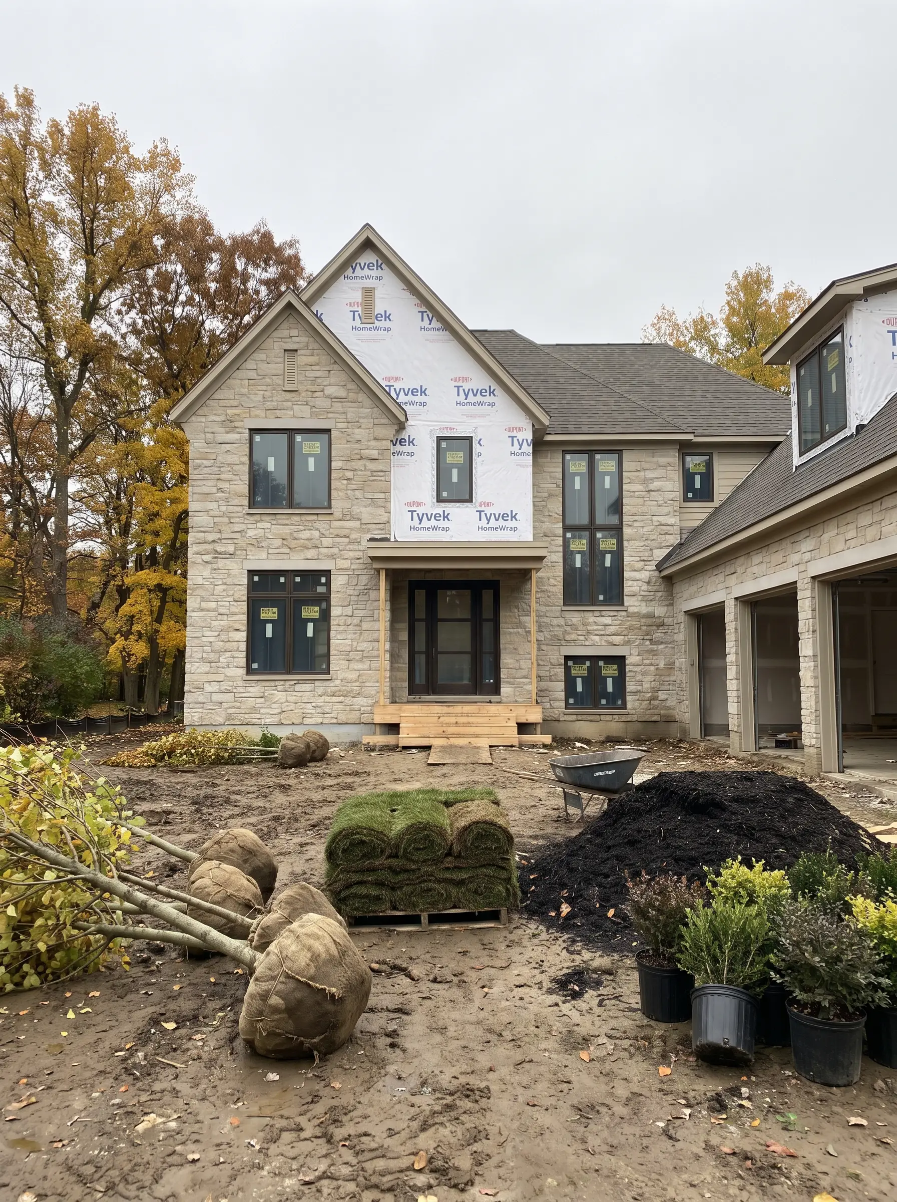 Limestone custom home near completion with trees, sod and shrubs waiting to be planted