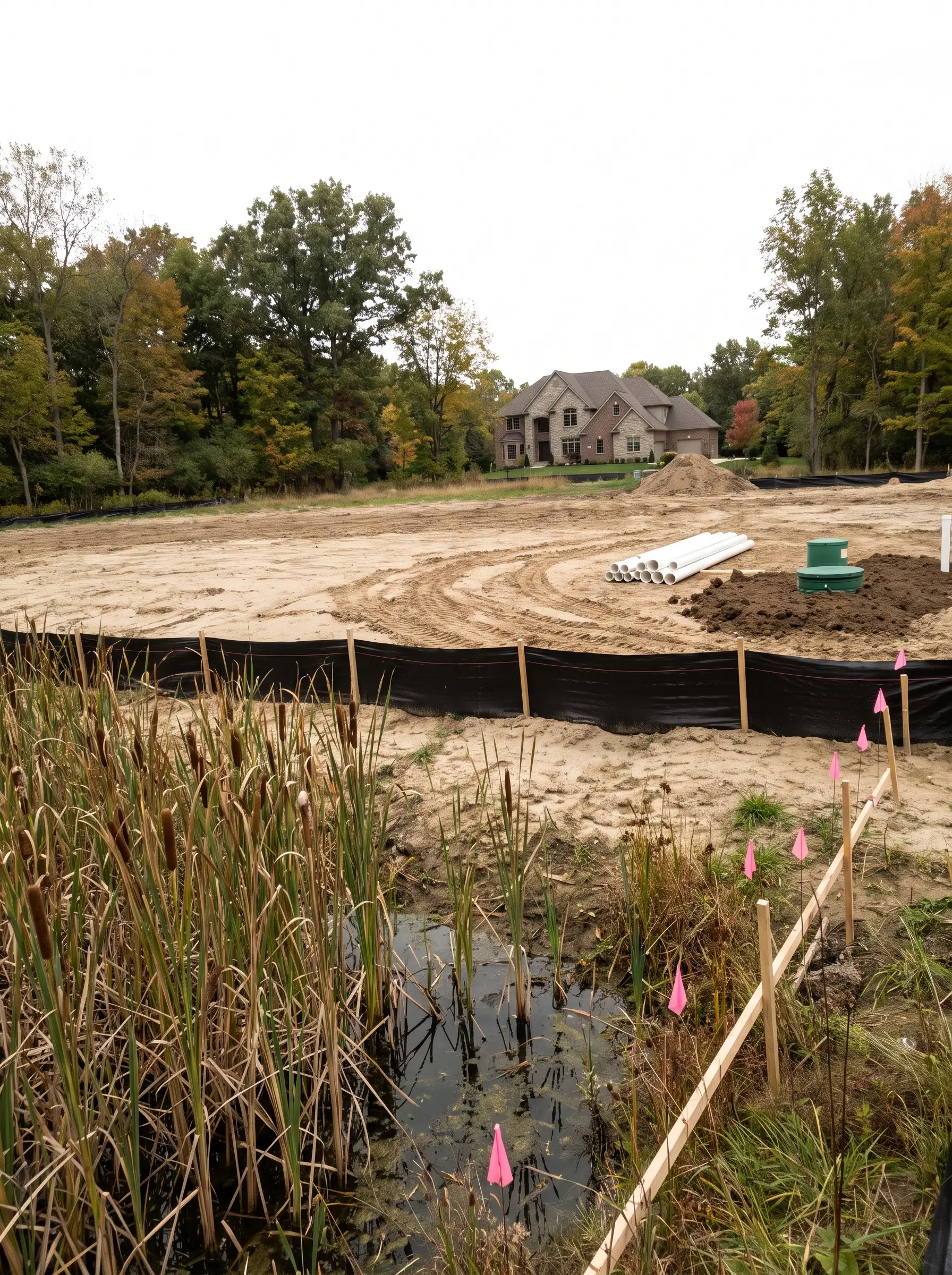 Wetland edge marked with pink flags and a silt fence, with a septic tank lid on cleared ground beyond