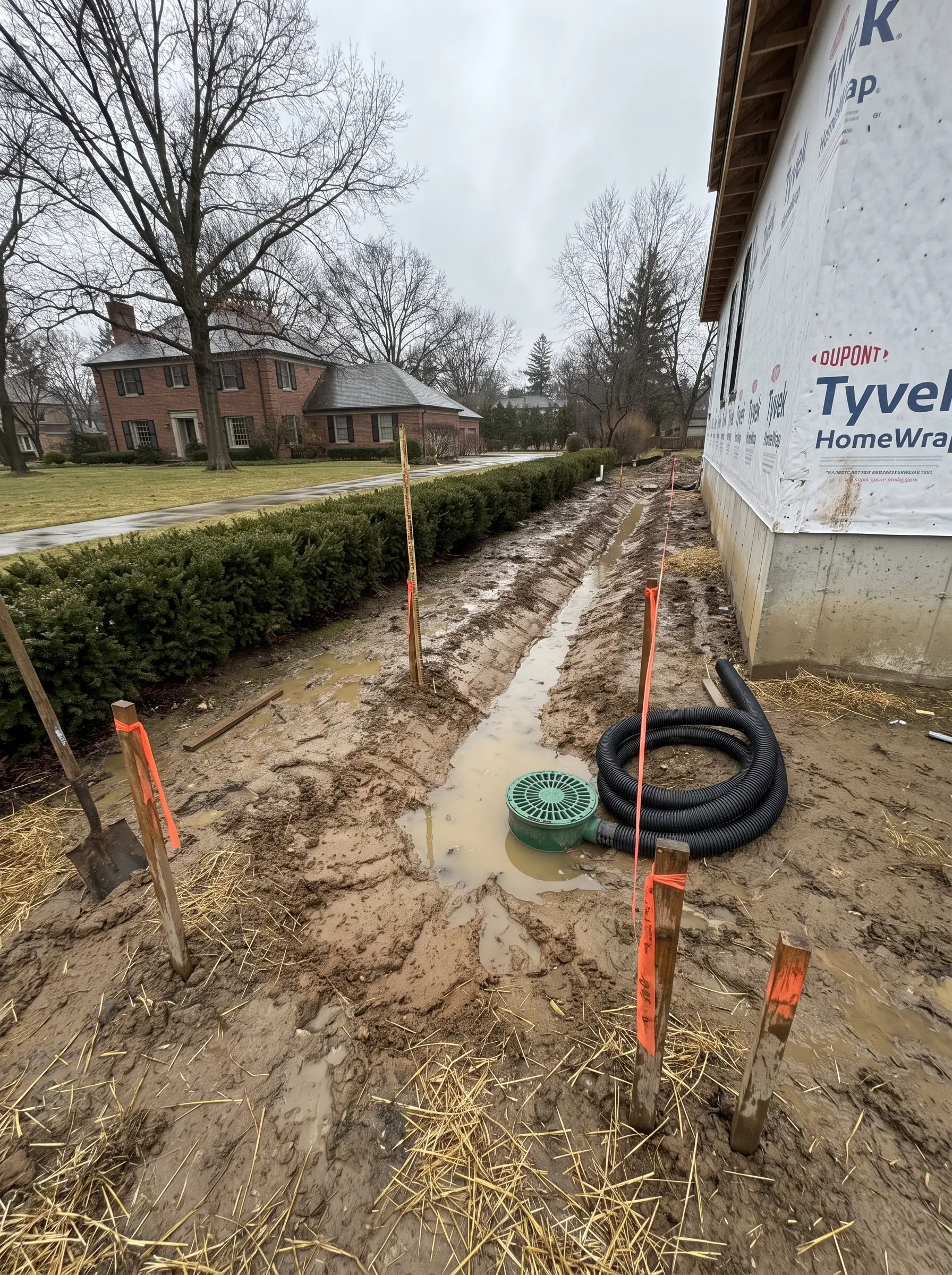 Freshly graded drainage swale with a yard drain and grade stakes beside a new home foundation