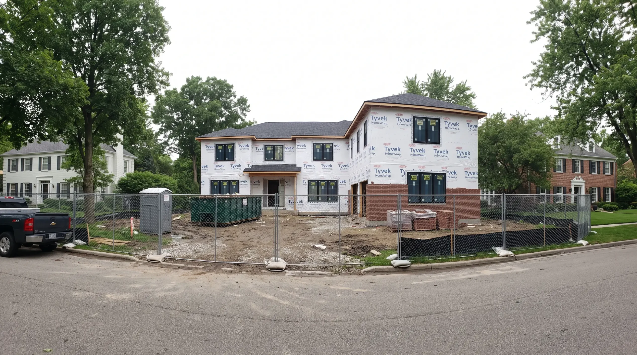 Large custom home under construction behind a site fence on a wide lot between brick homes
