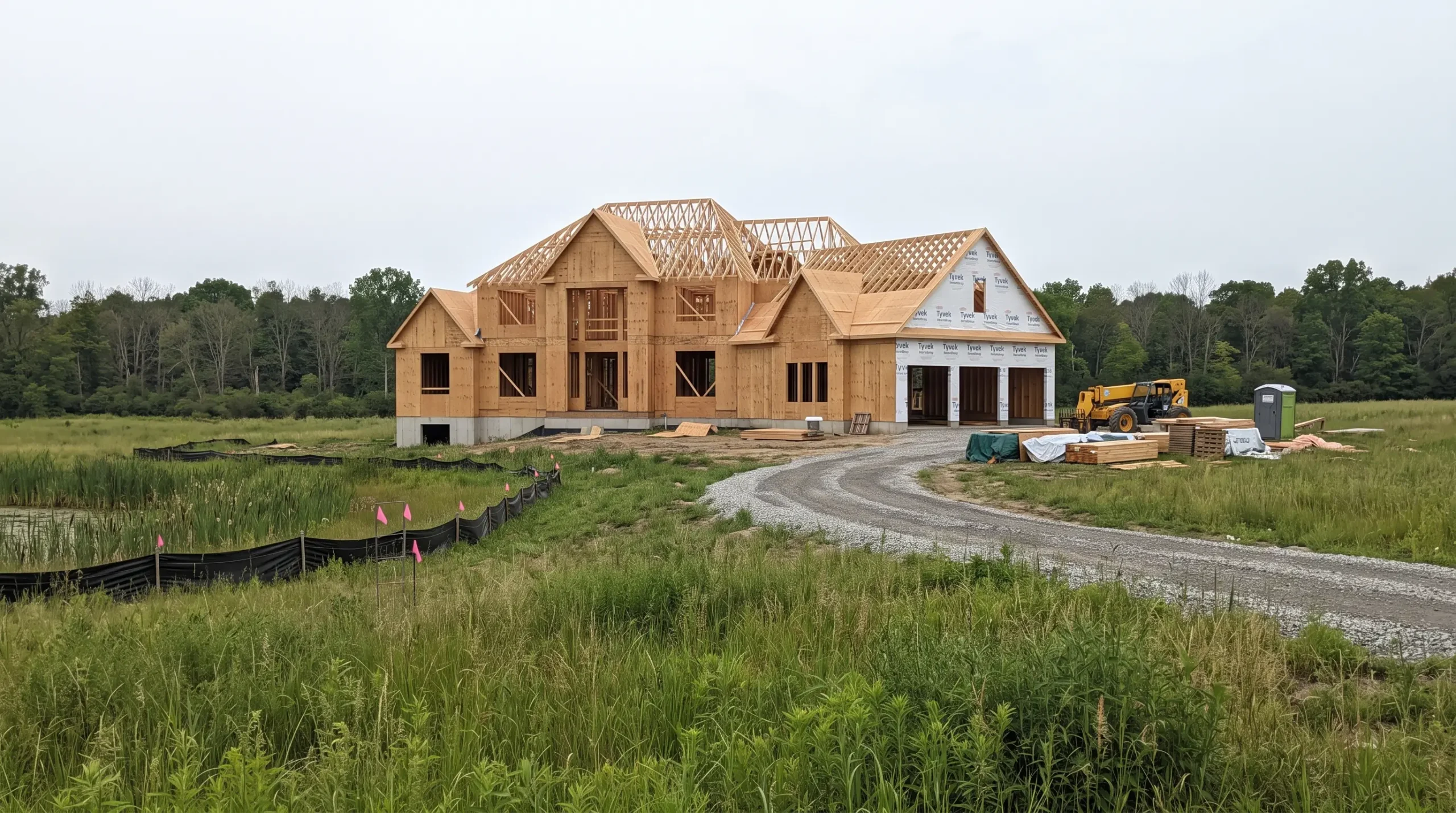 A large custom home being framed on open acreage, with a silt fence and flags along a cattail wetland