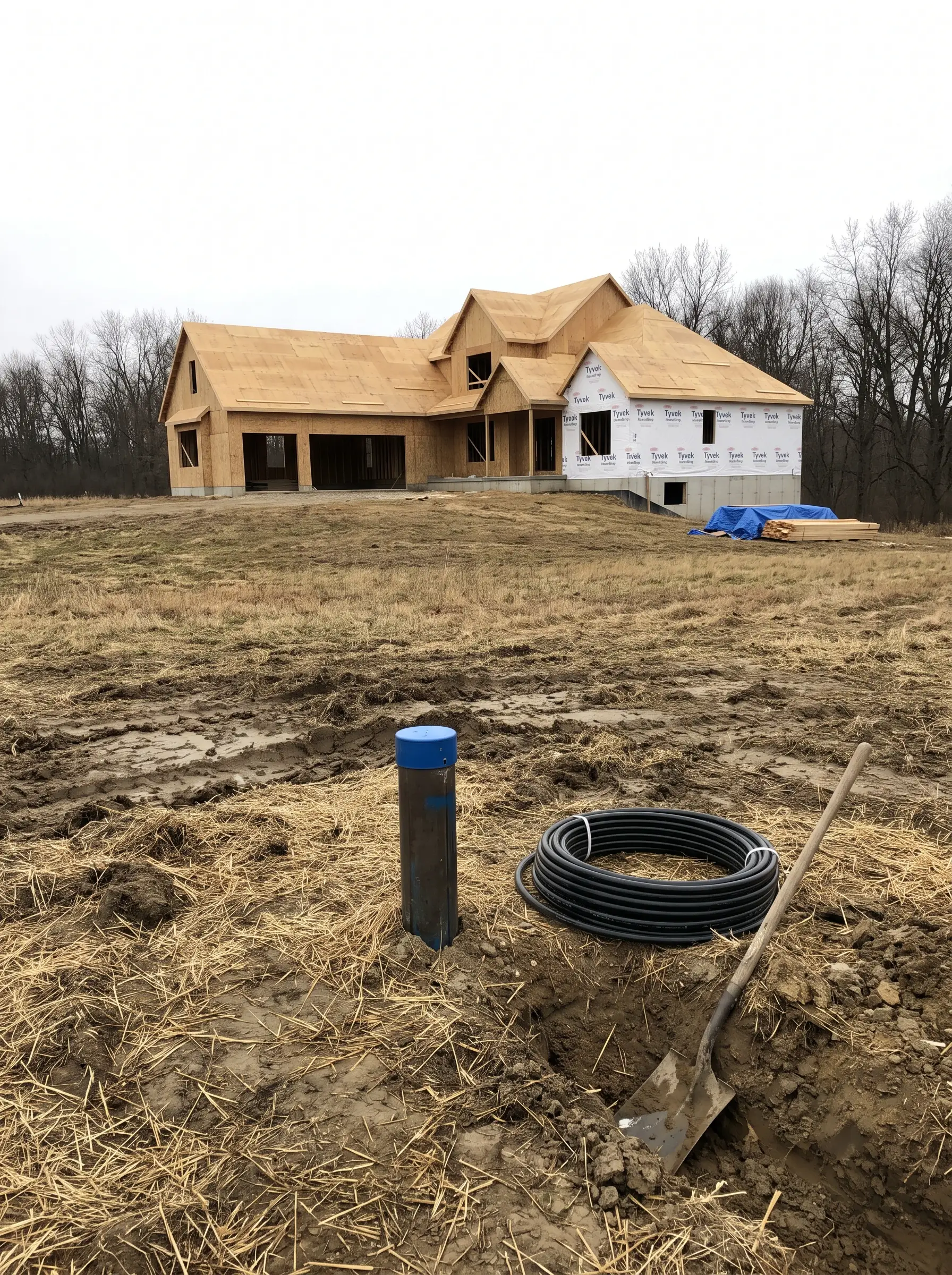 A new well casing and a coil of water line in the foreground, with a large home being framed up the rise behind