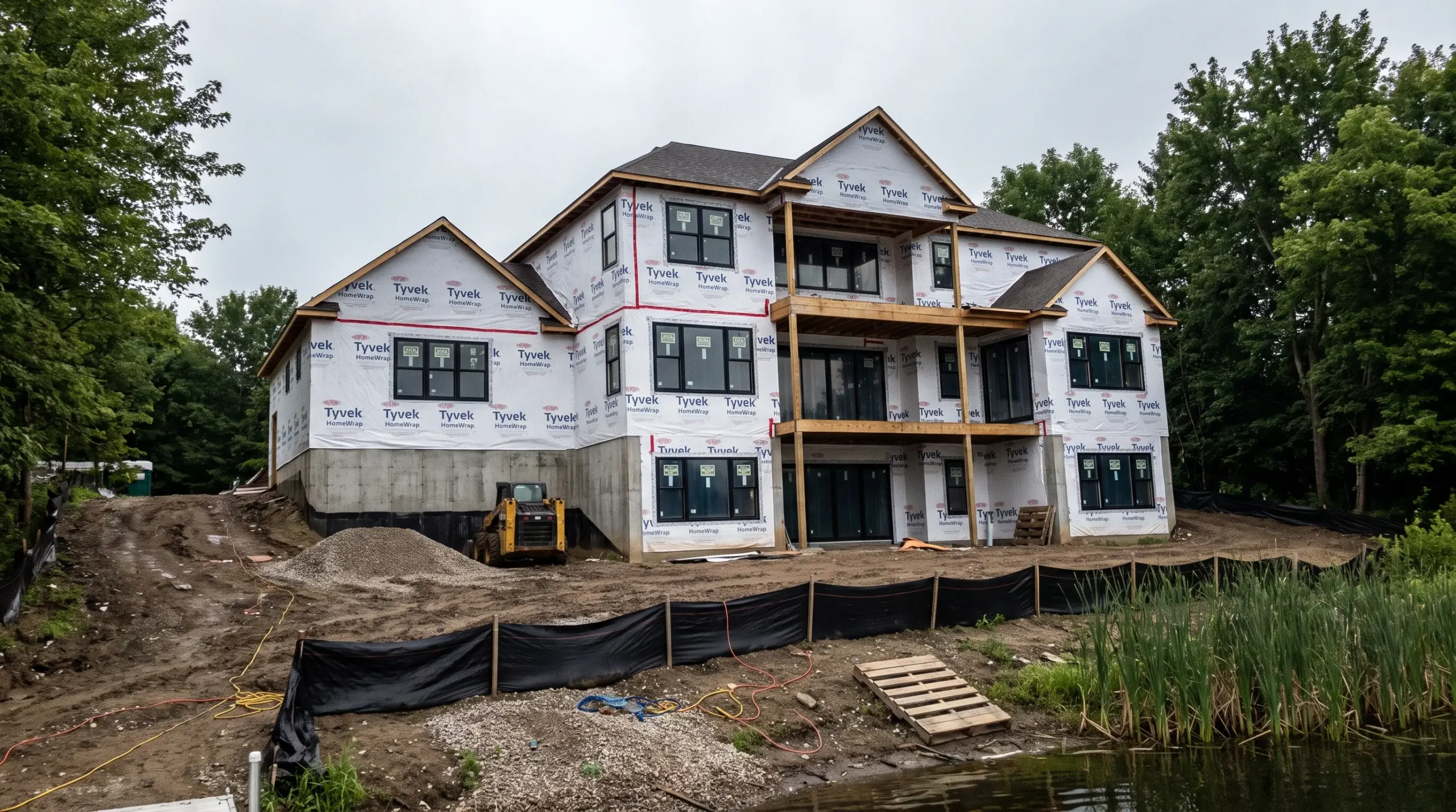 A large lakefront custom home in house wrap seen from the shore, with a silt fence above the water