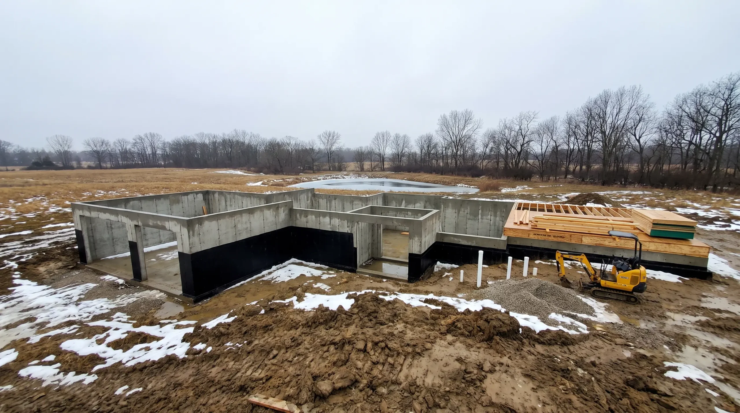 A large poured basement foundation with floor framing started, on open acreage with a pond and woods beyond