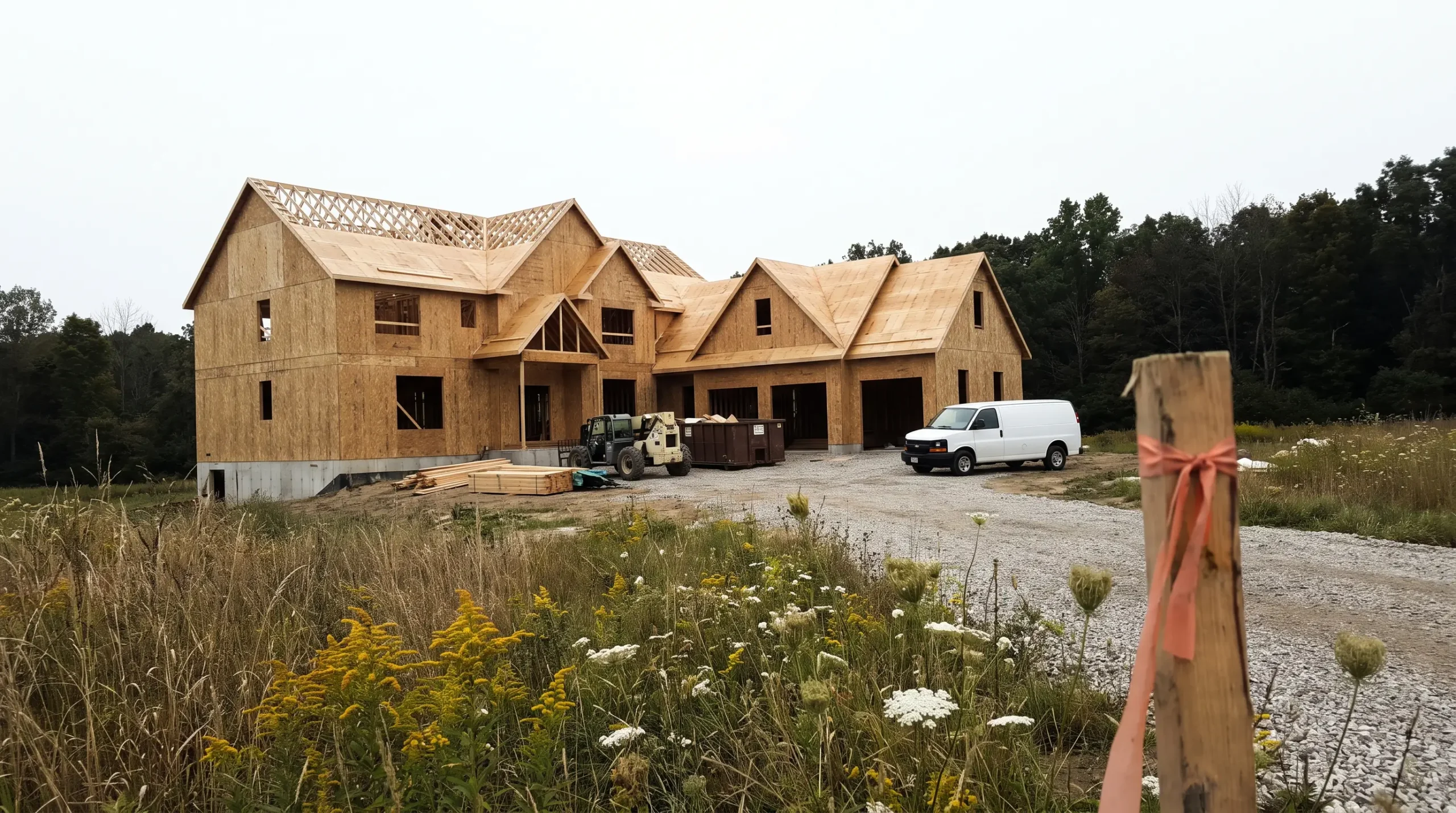 Large custom home in the framing stage on open acreage at the end of a gravel drive