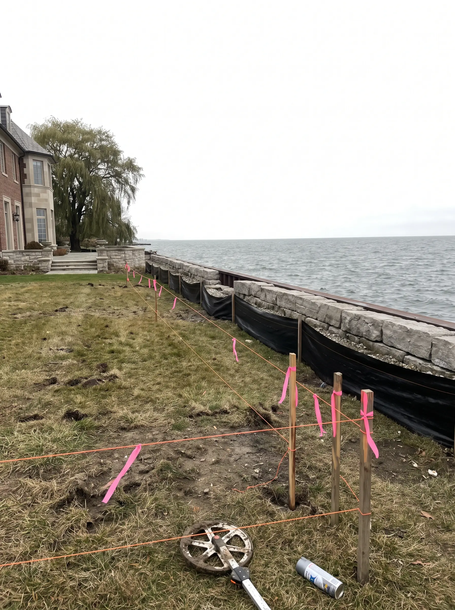 Survey stakes and string lines on a lakefront lawn beside a stone seawall and open water