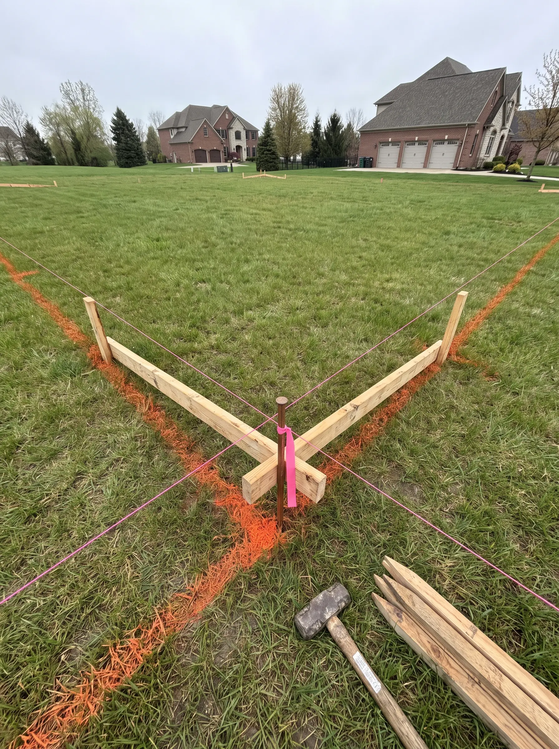 Batter boards, string lines and marking paint laying out the corner of a new home on a wide lot